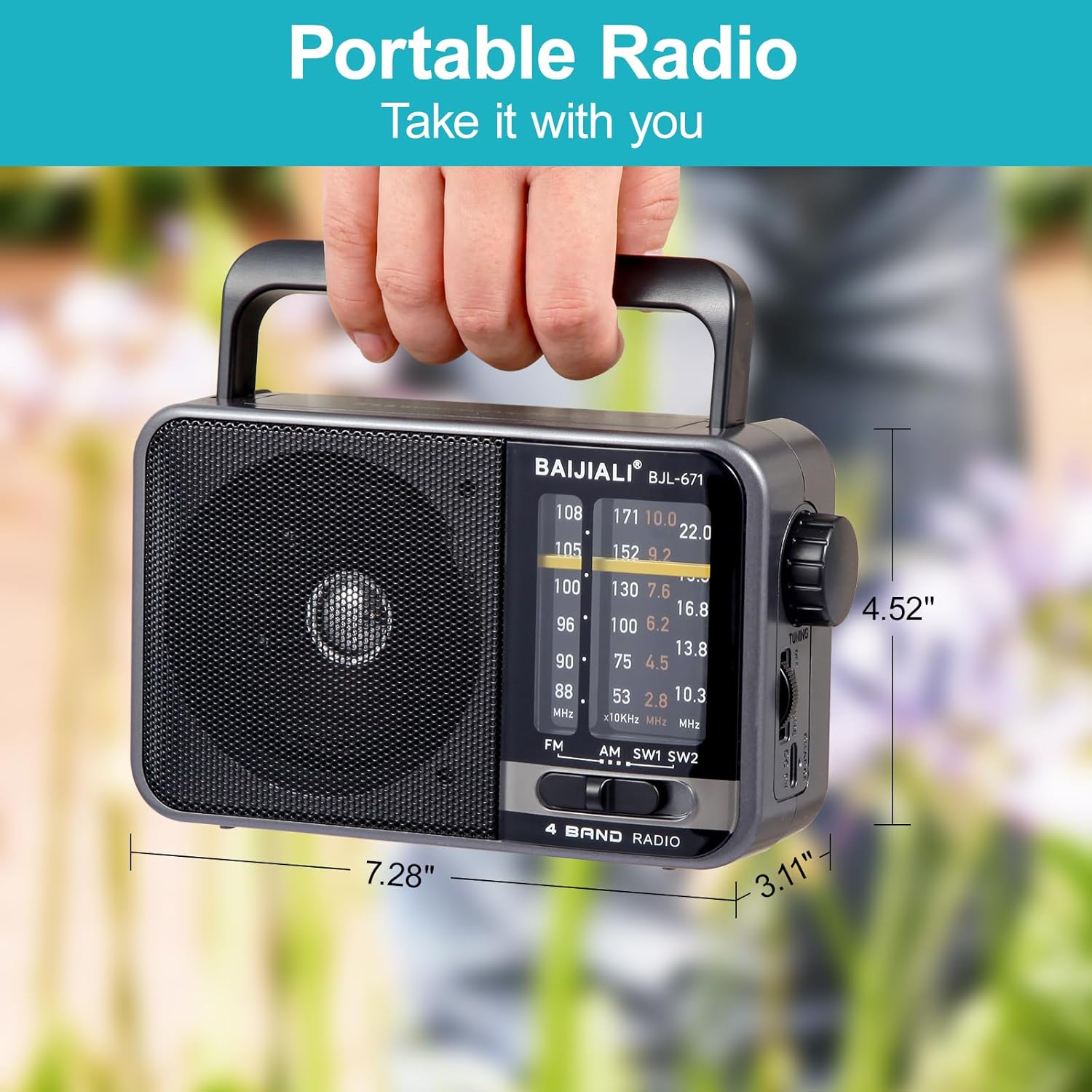Baijiali portable AM/FM transistor radio with loud speaker, showing control knobs and antenna, powered by battery or USB.
