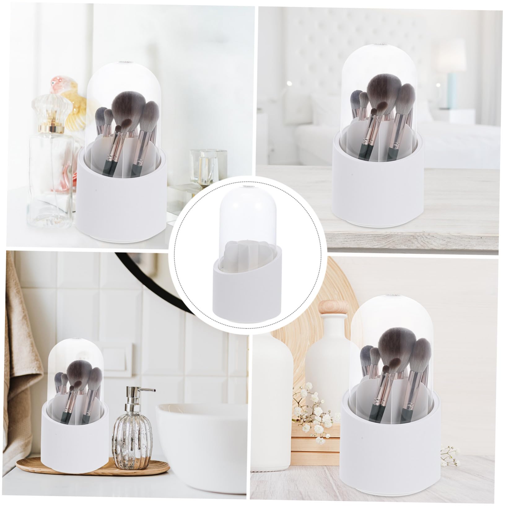 BEBEMOKO rotating makeup brush holder caddy with 360° spin, white desktop organizer for cosmetic brushes and makeup tools