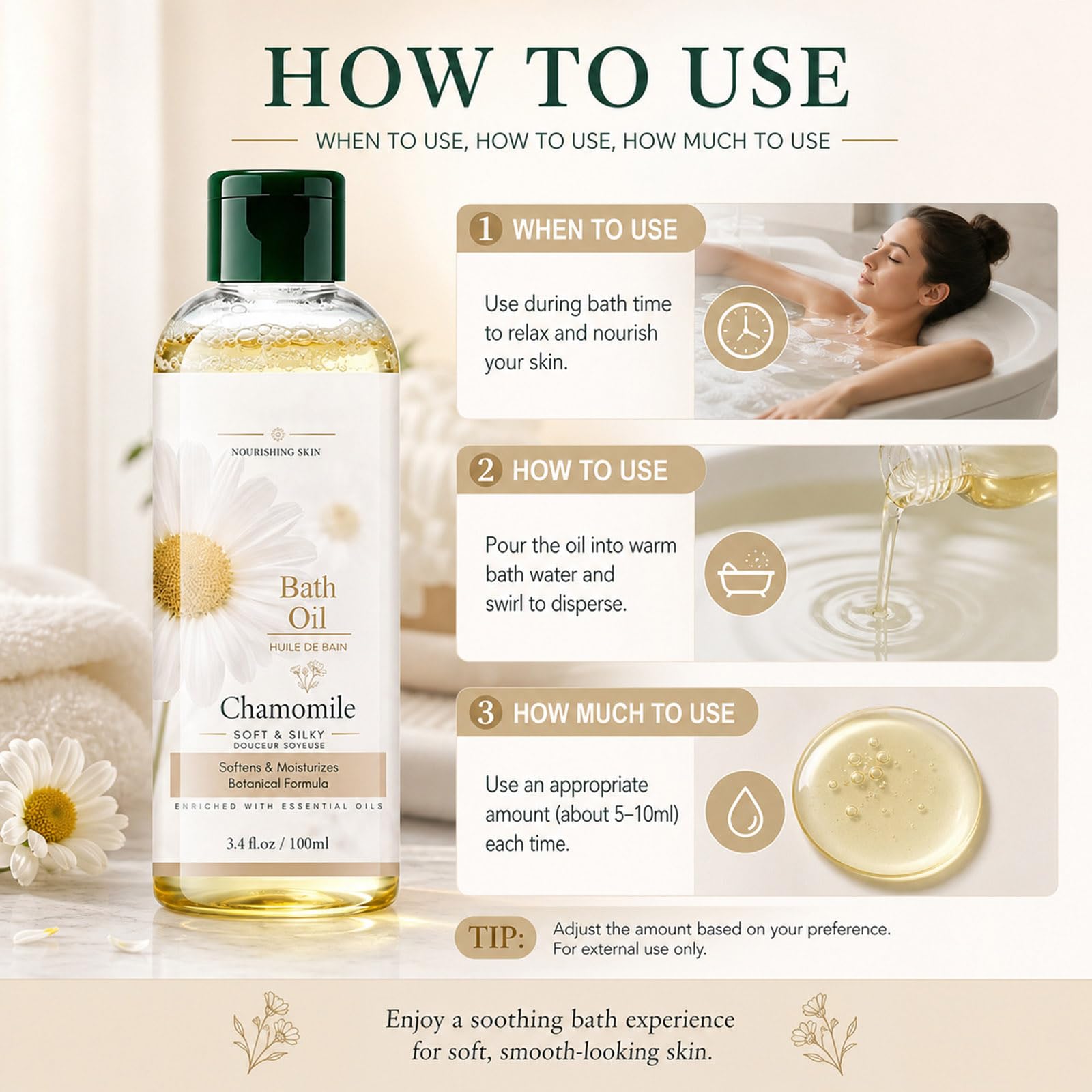 JINXIMAO chamomile bath oil in a 3.4 fl oz bottle, relaxing aromatherapy body oil for dry sensitive skin, ideal for daily self-care.