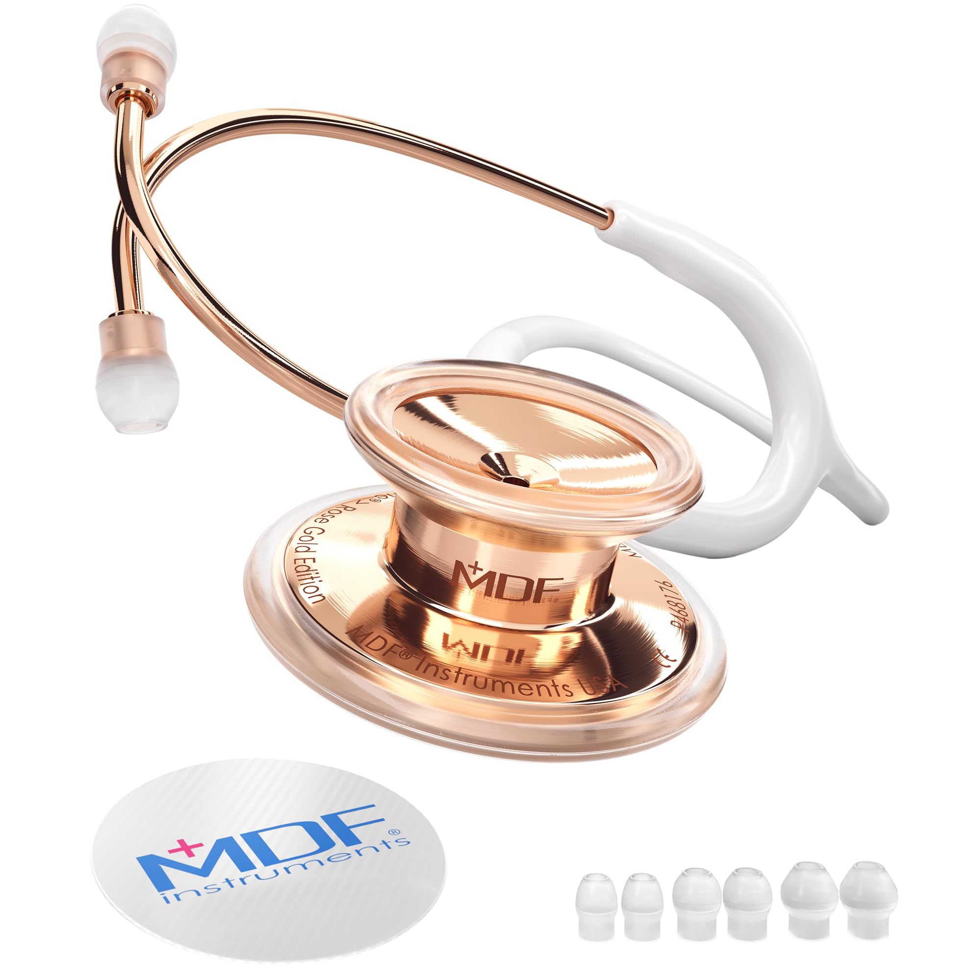MDF Instruments, Rosegold MD One Stainless Steel Stethoscope, Adult, White Tube, Rosegold Chestpieces-Headset, MDF777RG29