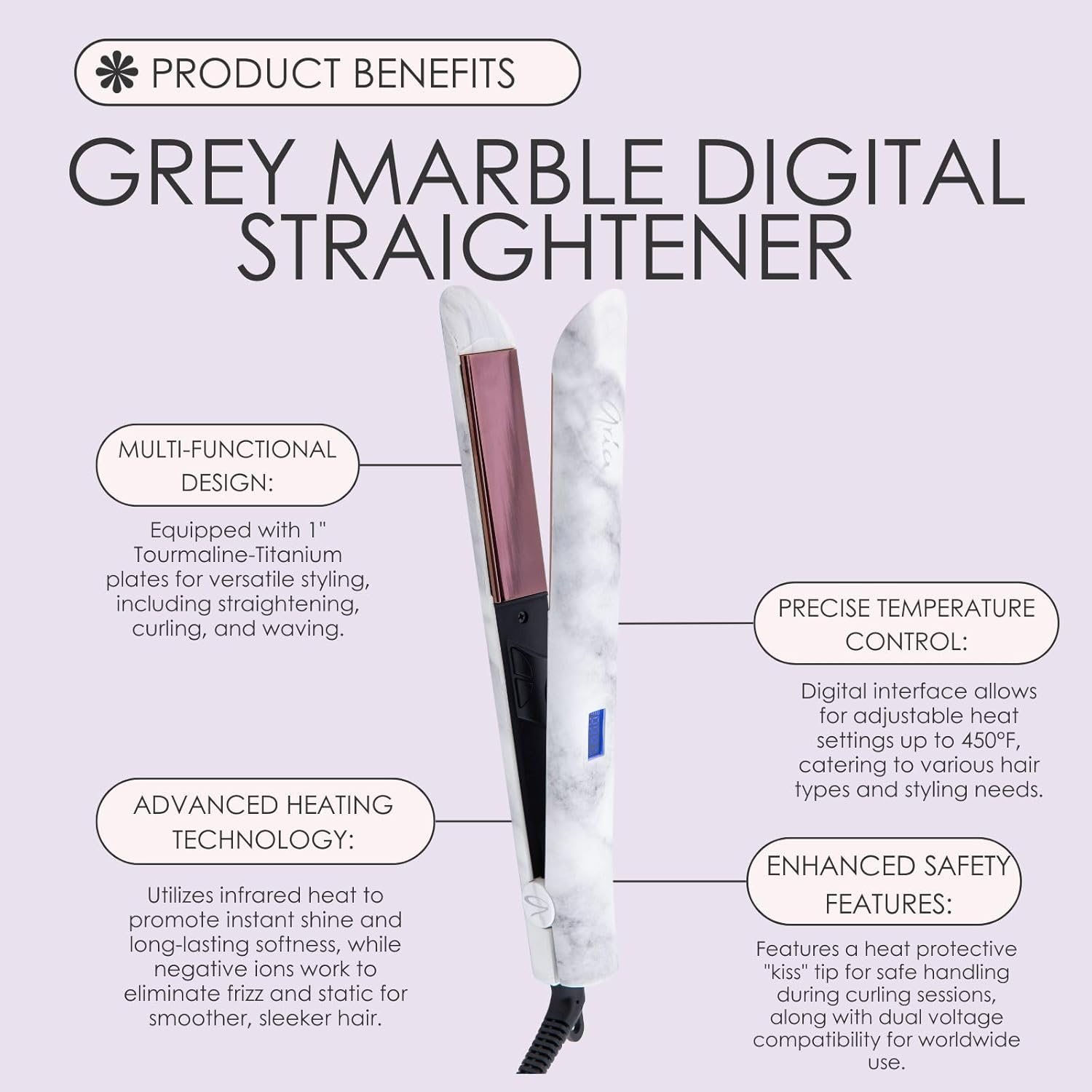 Aria Beauty 1-inch infrared marble digital flat iron straightener with sleek black design and digital temperature control.