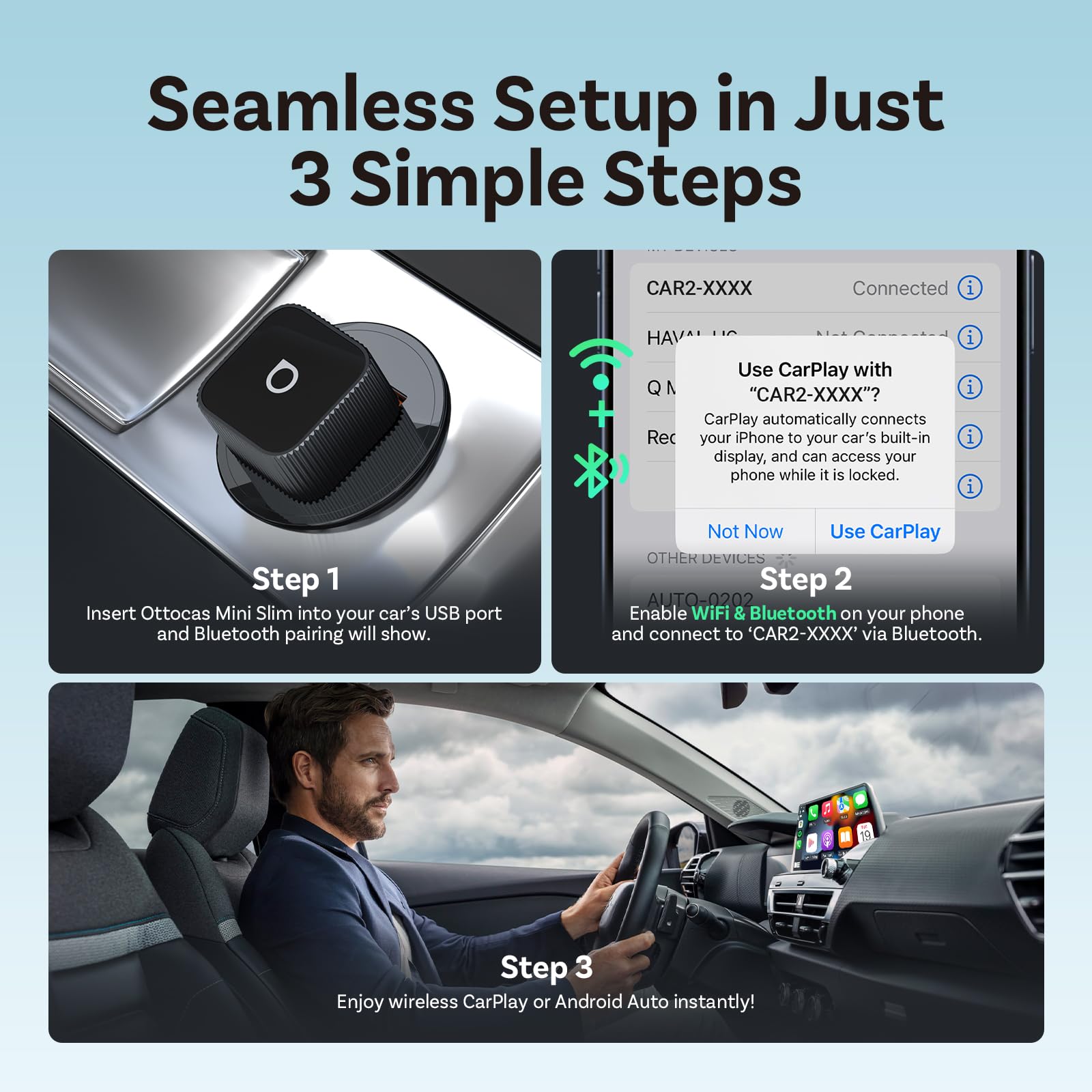 OTTOCAST Mini Slim, 2026 Upgrade 2in1 Wireless CarPlay & Android by OTTOCAST - Angle View 3