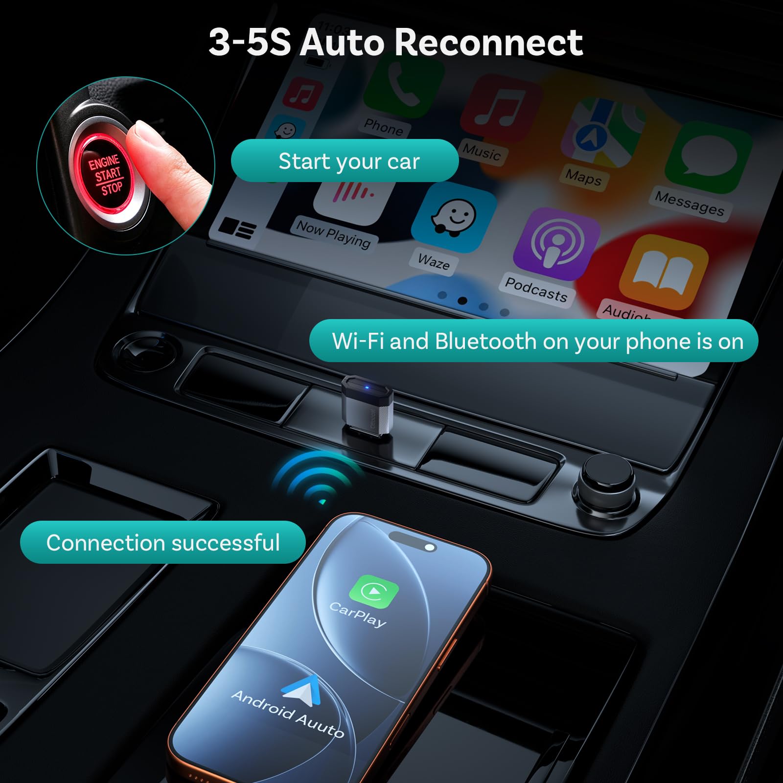 OTTOCAST Mini Nova 2-in-1 Wireless CarPlay & Android Auto Adapter by OTTOCAST - Angle View 4