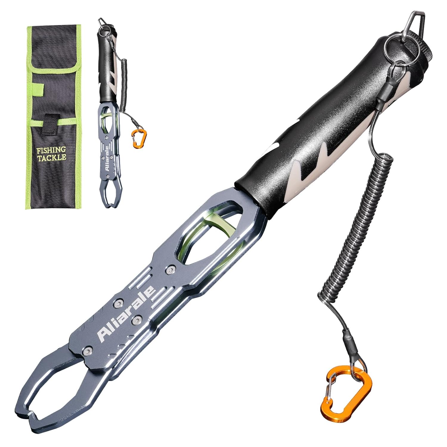 Saltwater-resistant fishing pliers, fish lip gripper, and scale combo by Aliarale, designed for saltwater fishing and fish handling.