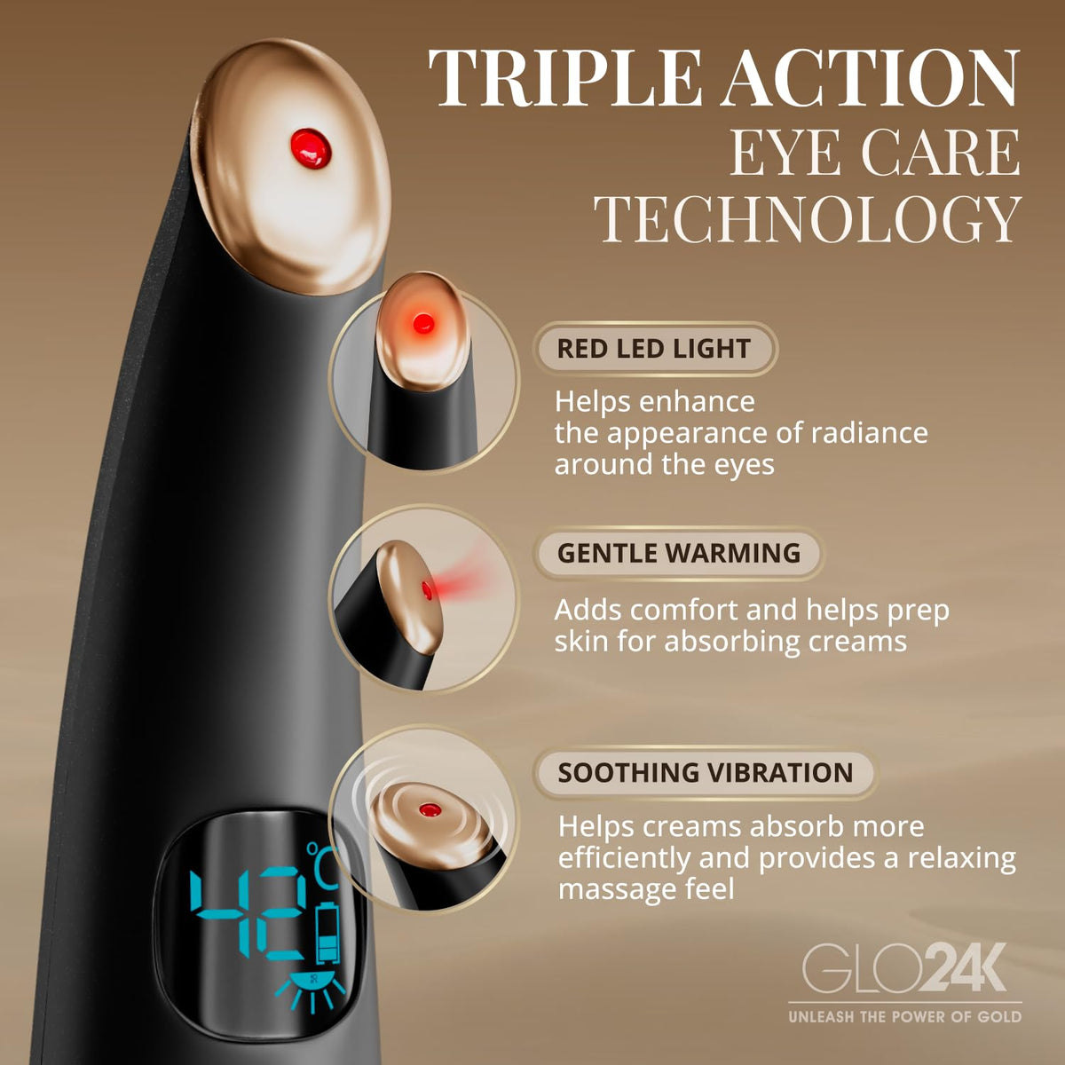 GLO24K Heated Eye Massager Wand with Vibration for Under Eye - GLO24K UNLEASH THE POWER OF GOLD Official Imagery - 5