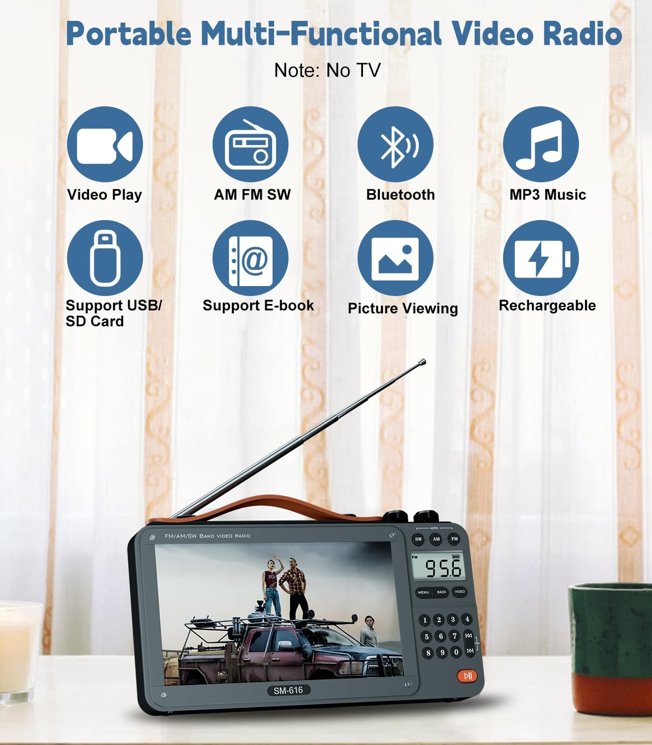 ONGTEED 720P 7-inch screen AM FM radio with Bluetooth speaker and rechargeable battery, displaying a sleek media device with controls