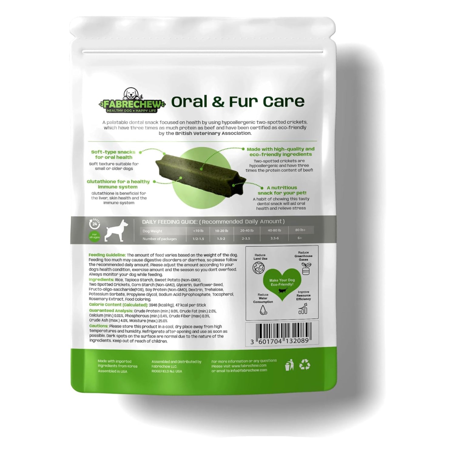 Cricket protein dog treats by Fabrechew, soft dental chews for dogs, 14-piece pack, showing the treats and packaging.