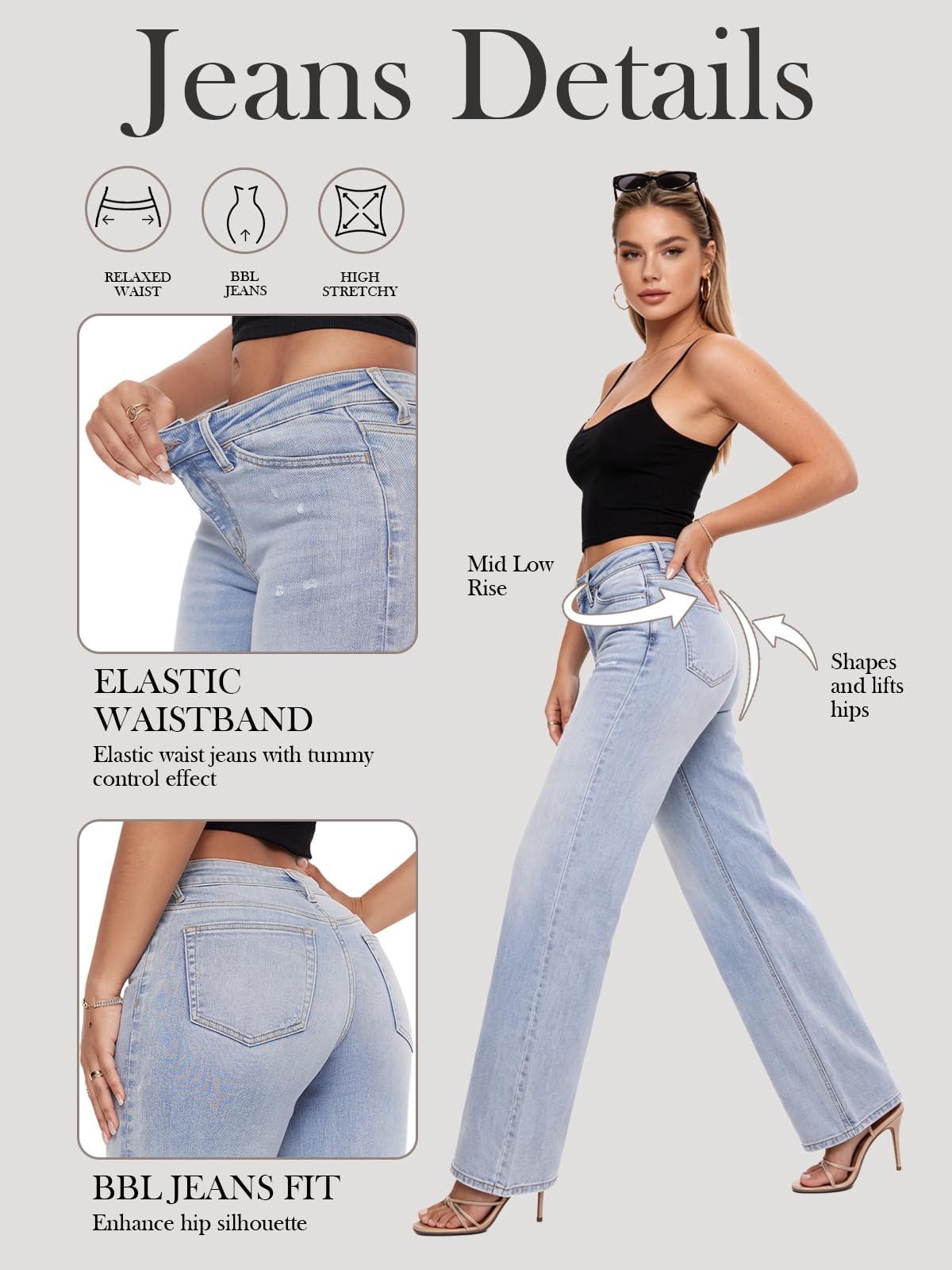 ONESO Wide Leg Jeans for Women Mid Low Rise Baggy Stretchy Denim Pants - View 5