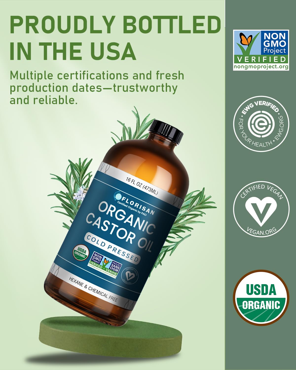 Florisan USDA Certified Organic Castor Oil 16oz Glass Bottle - Florisan Official Imagery - 3