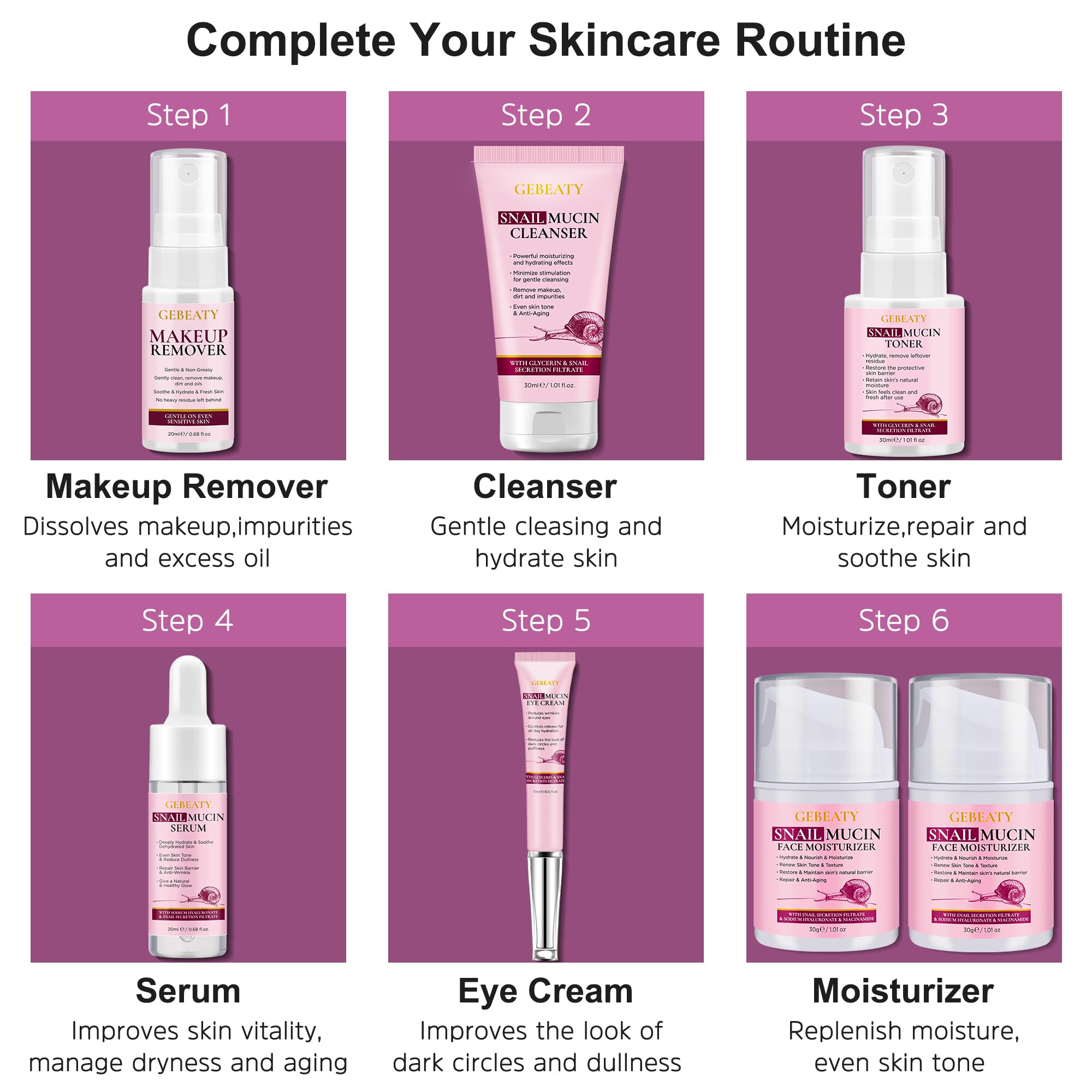 Skin Care Set, 7-Piece Hydrating &amp; Repairing Snail Mucin - GEBEATY