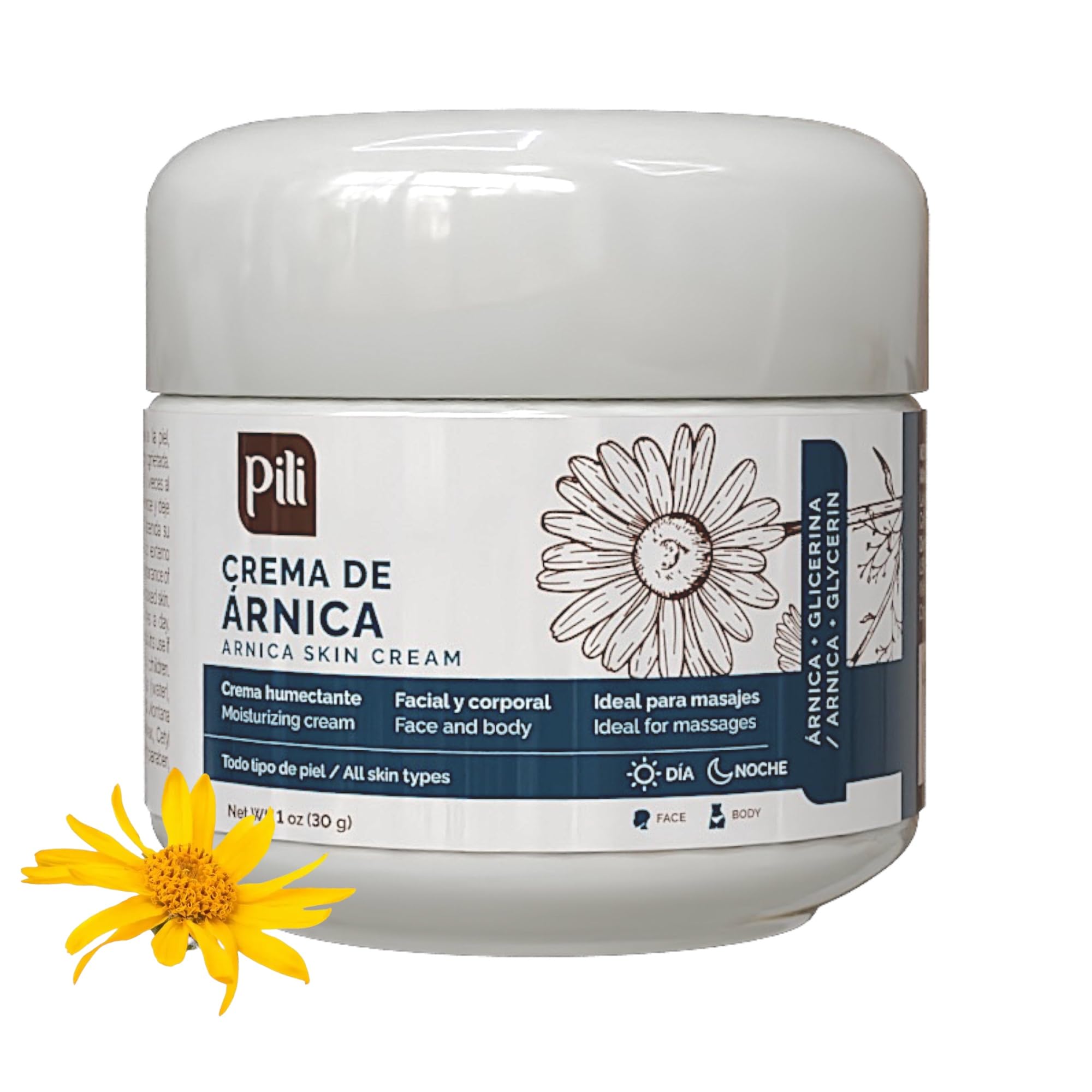 Pili Natural Arnica cream moisturizer for face and body, soothing dry, bruised, irritated skin, fast-absorbing and unscented.