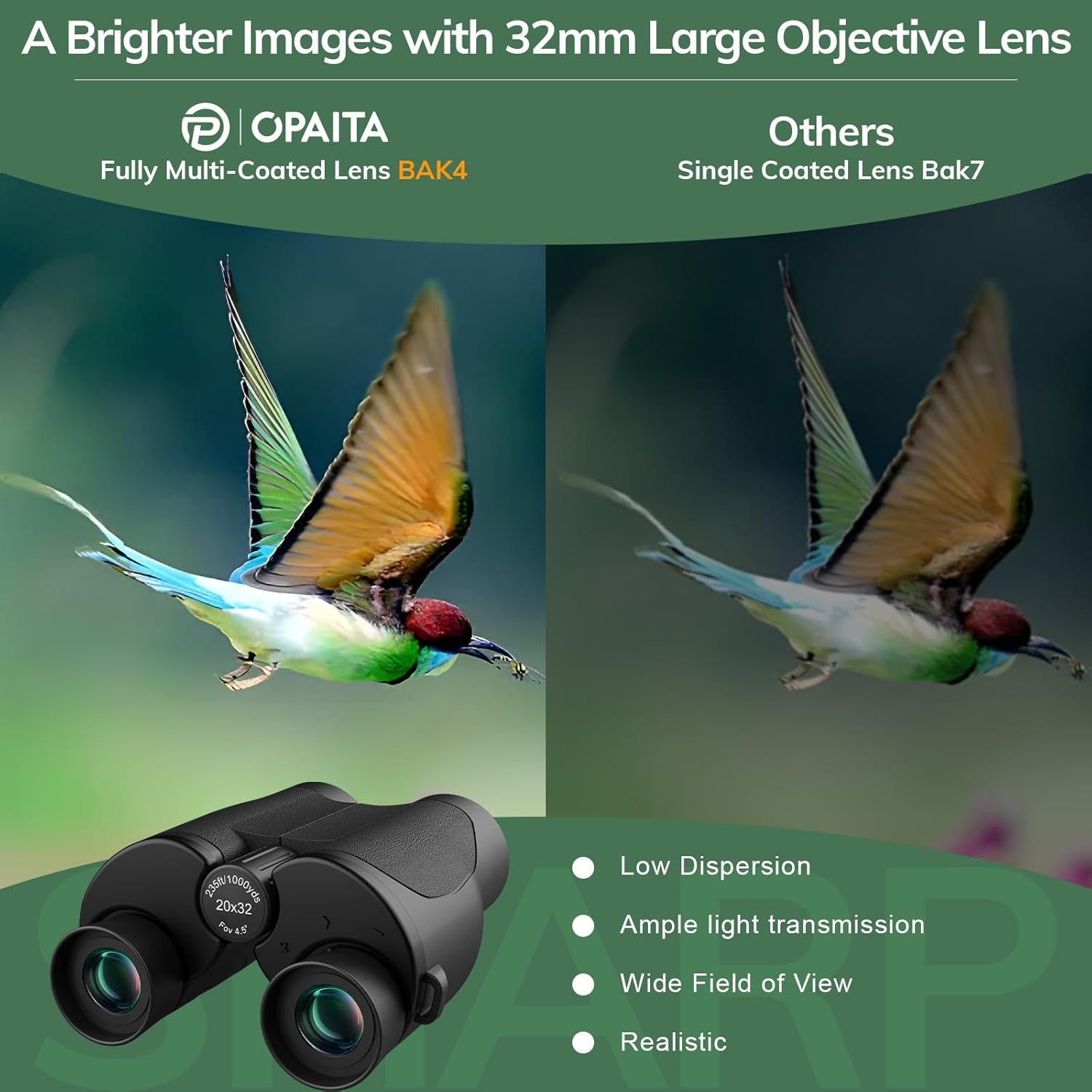 Opaita 20x32 compact binoculars for adults with high power, black metal body and adjustable eyepieces for outdoor use