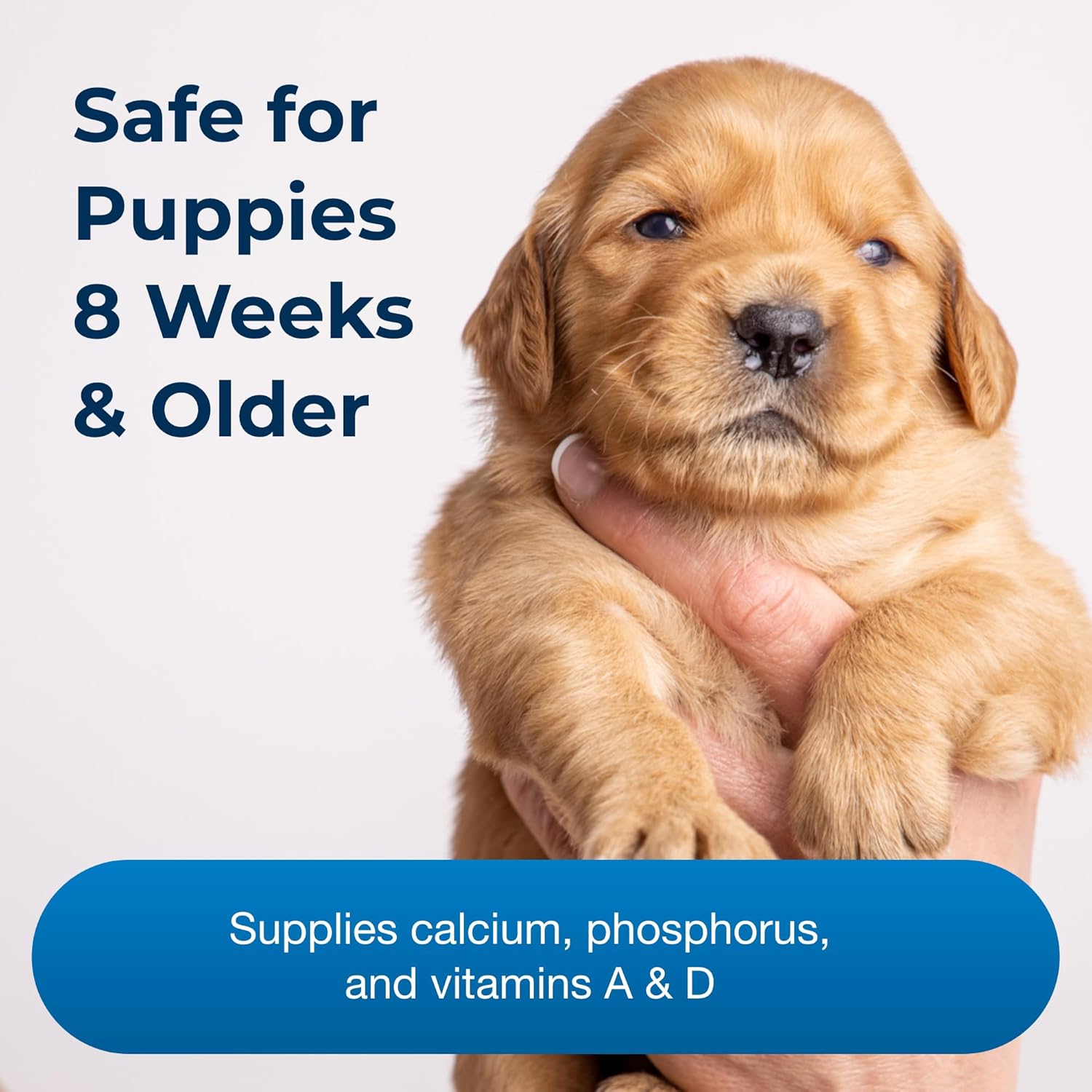 PetAg Sure Grow 100 chewable tablets for puppies, containing vitamins A and D, promotes healthy bone development.