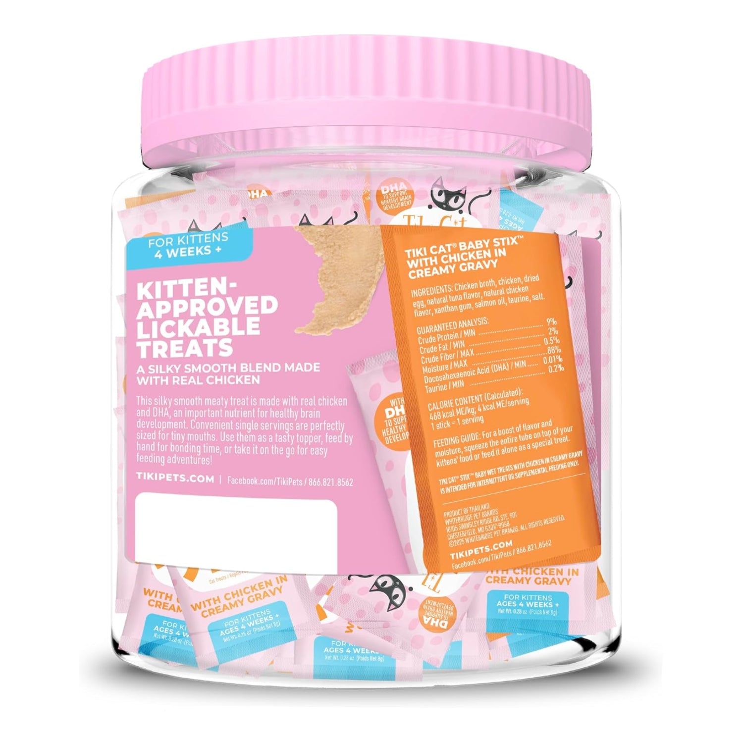 Tiki Cat Baby Stix wet cat treats in creamy chicken gravy, 0.28 oz sachets, 42-count jar, for cats.