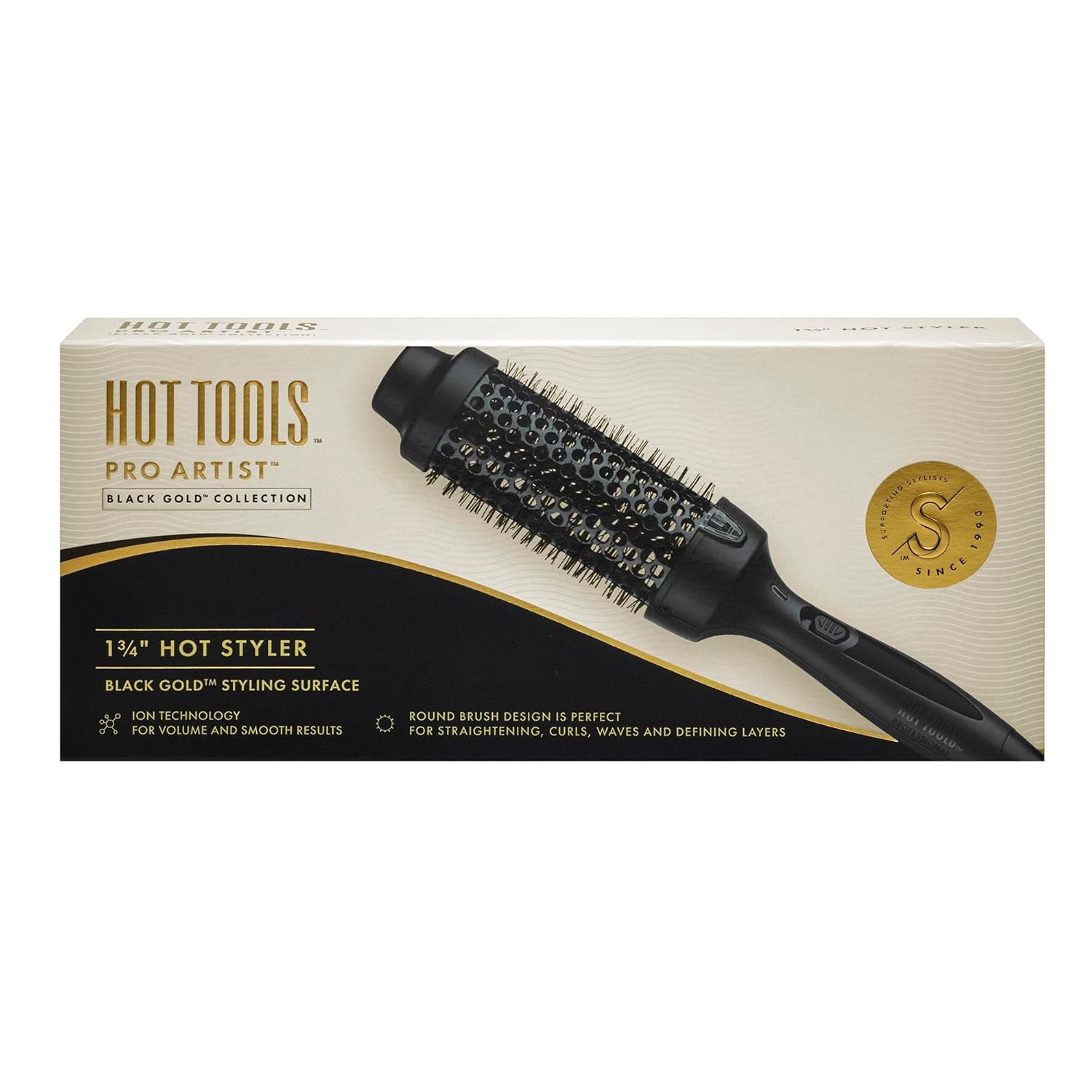 HOT Tools Pro Artist Black Gold Hot Styler 1 ¾-inch, shown straightening and curling black and gold styling tool.