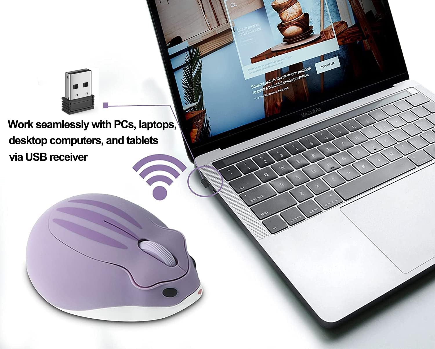 Wireless Mouse Cute Hamster Shape Less Noice Portable Mobile Optical 1200DPI USB Mice Cordless Mouse for PC Laptop Computer Notebook MacBook Kids Girl Boy Men Women Adults School Office Gift (Purple)