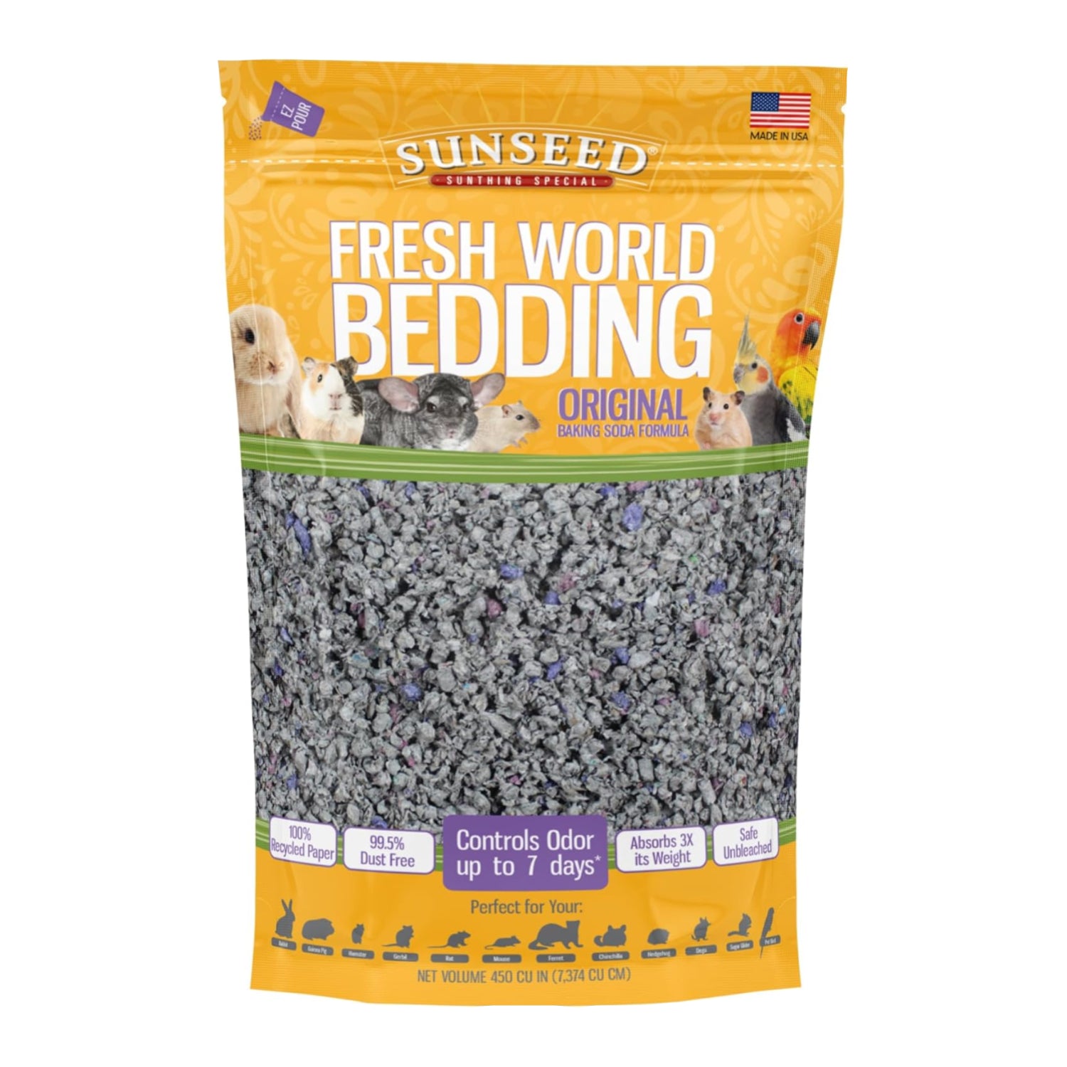 Sunseed Fresh World small animal bedding in gray, 450 cubic inches, soft and absorbent bedding for hamsters, guinea pigs, and more.