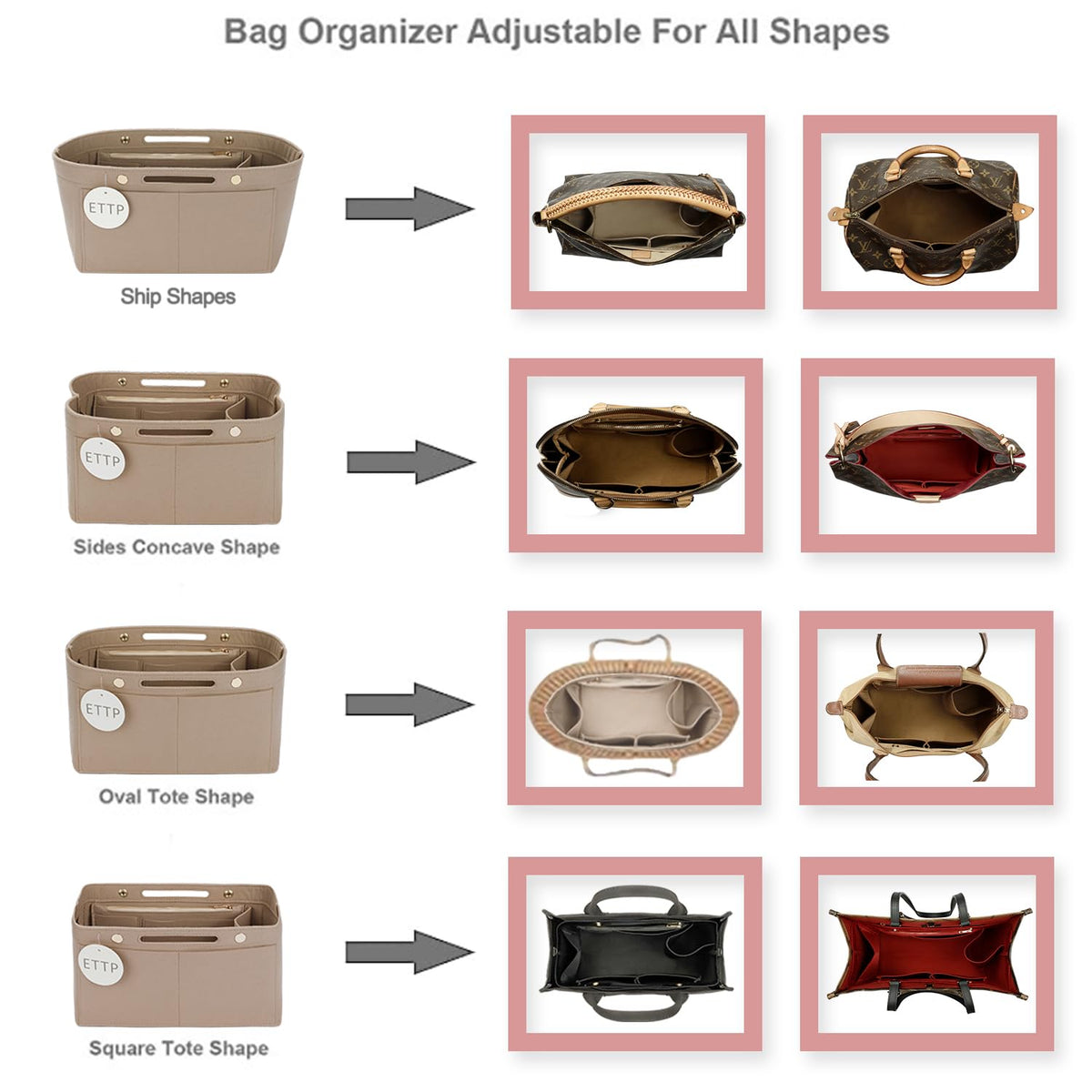Purse Organizer Insert For Handbags Felt Tote Bag Organizer - ETTP Official Imagery - 6