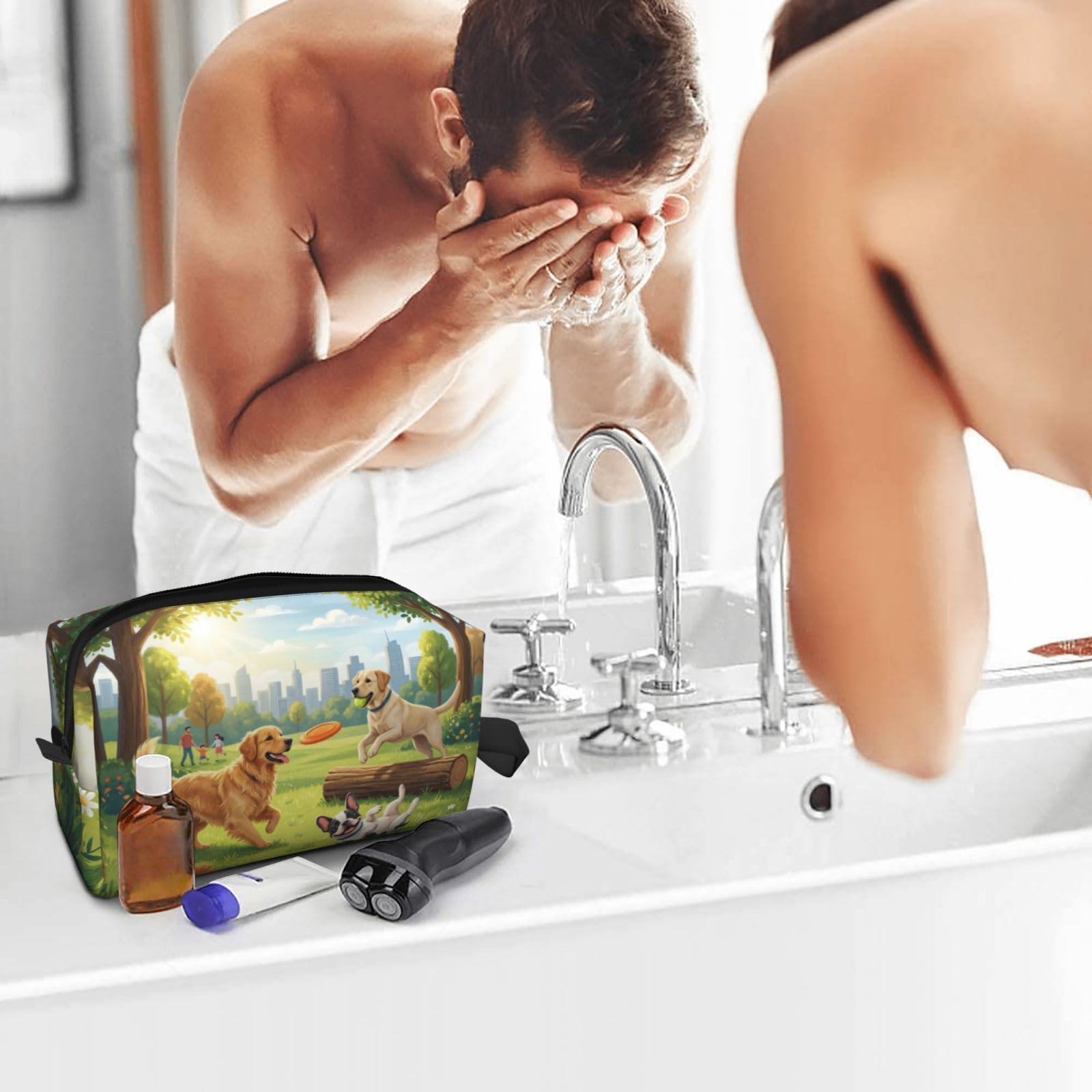 SXZVVBN large capacity travel toiletry bag with three playful dogs design, durable oxford cloth makeup organizer cosmetic pouch