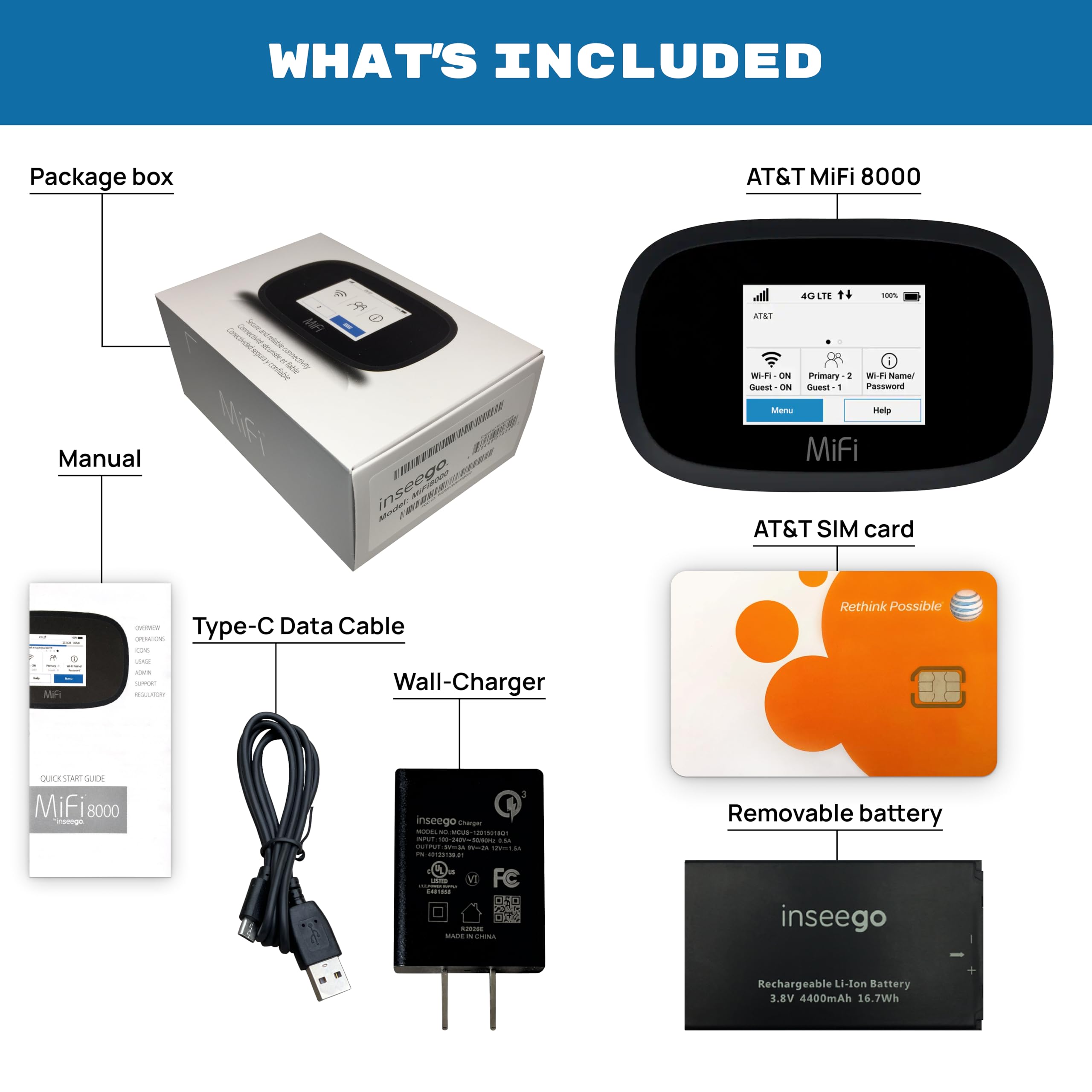 EVDO-LINK AT&T Wireless Hotspot Pocket WiFi 4G LTE MiFi 8000 with VPN, portable mobile WiFi device showing front view and screen.