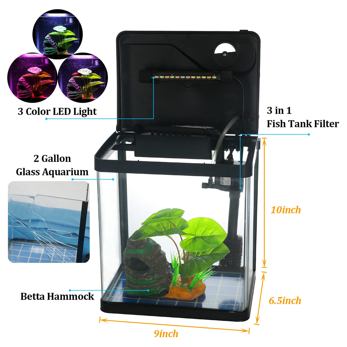 Betta Fish Tank Self Cleaning Glass 2 Gallon Small Nano - COOSPIDER Official Imagery - 3