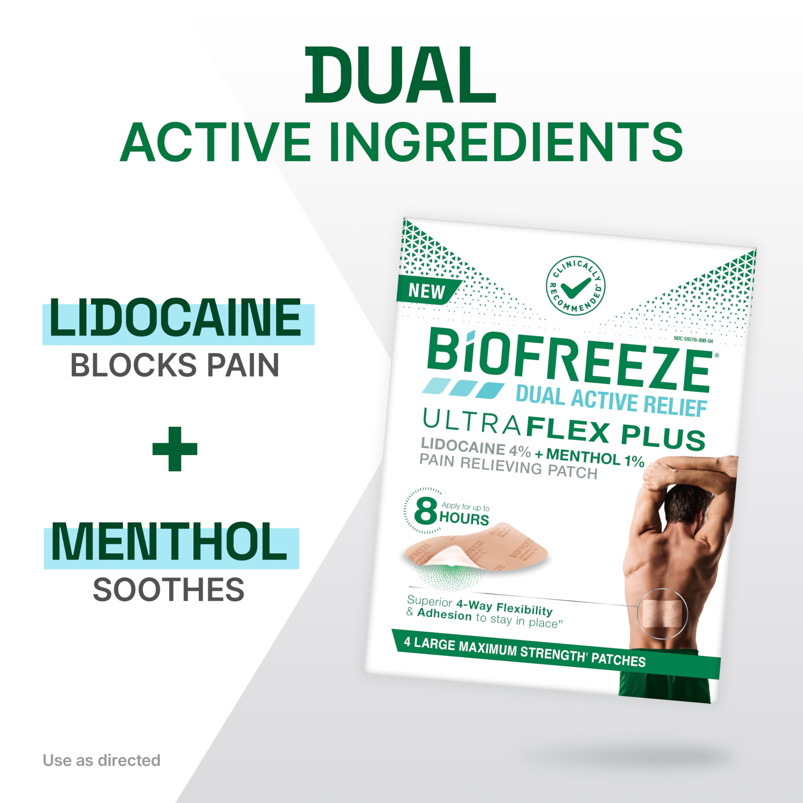 Biofreeze Ultraflex Plus Maximum Strength 4% Lidocaine Patches with Menthol, Flexible Pain Relief Patch for Lower Back, Lidocaine Patch for Neck, Knee, Shoulder, 4 Large Pain Patches
