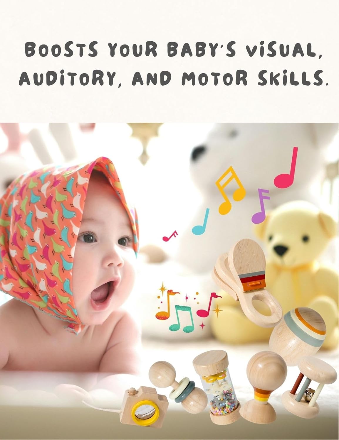 Set of 7 organic wooden baby toys including rattles and musical instruments for infants 0-12 months, designed for toddler development.