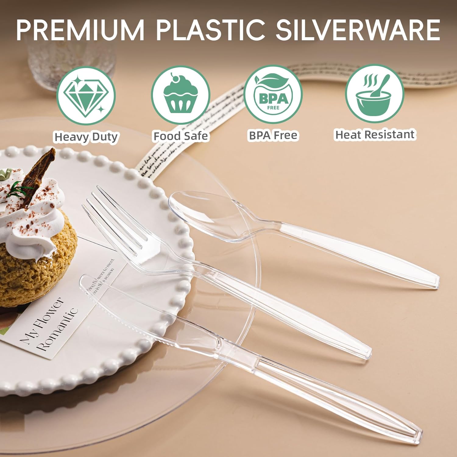 QualQuot 240-pack heavy-duty clear plastic silverware set with 80 forks, 80 spoons, and 80 knives, disposable and durable.