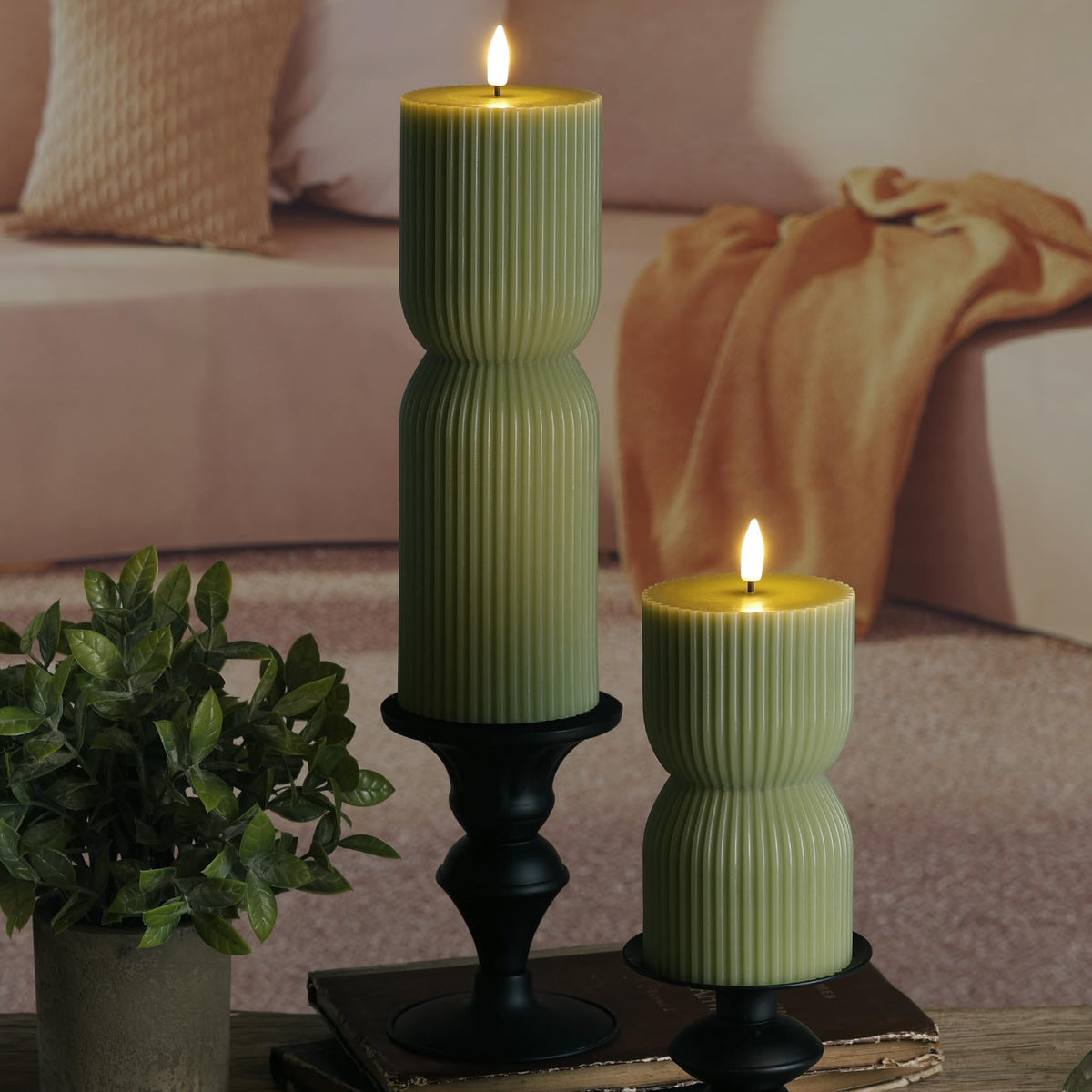Olive Green Ribbed Flameless Pillar Candles with Remote Set - Girimax Official Imagery - 8