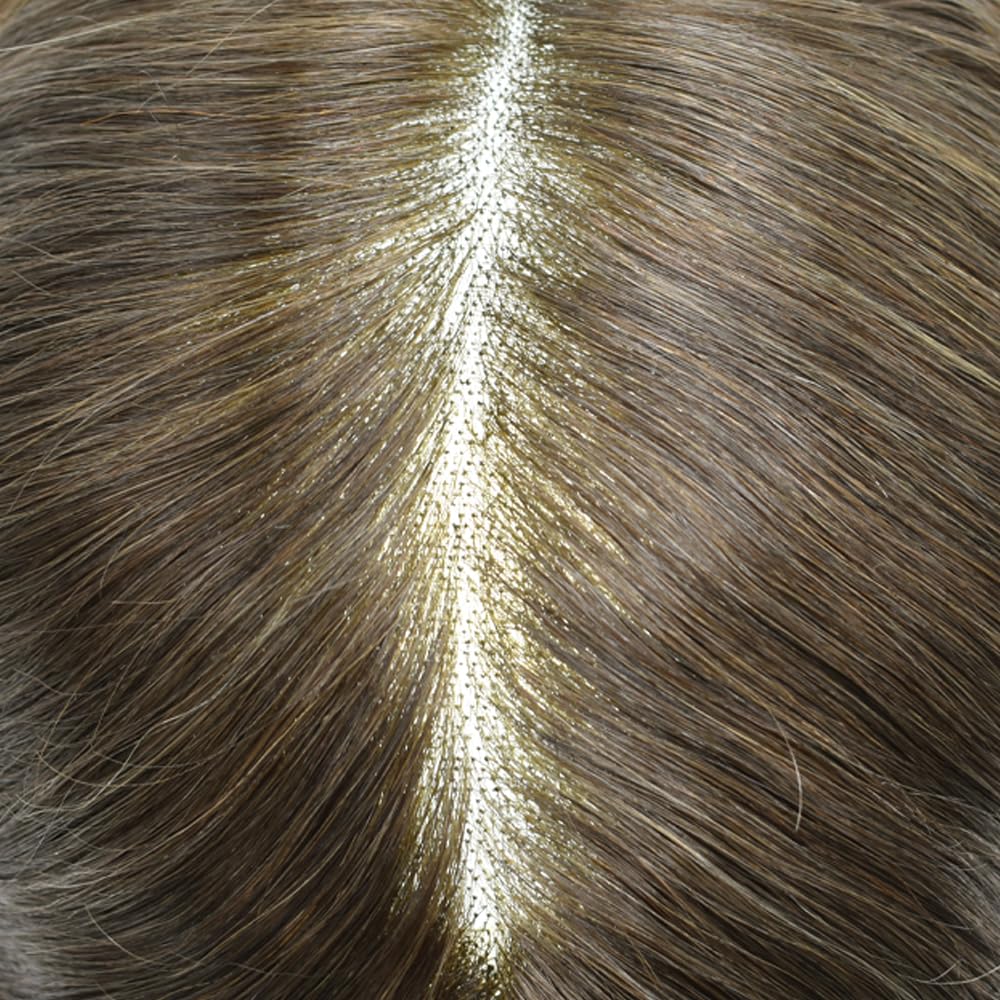 Curve Hair Mens Toupee Human Hair Piece Replacement System Monofilament Wig Hair Unit for Men Durable Poly Coated Mens Hairpiece (#620 Light Brown+20% Gray, 7"X10")