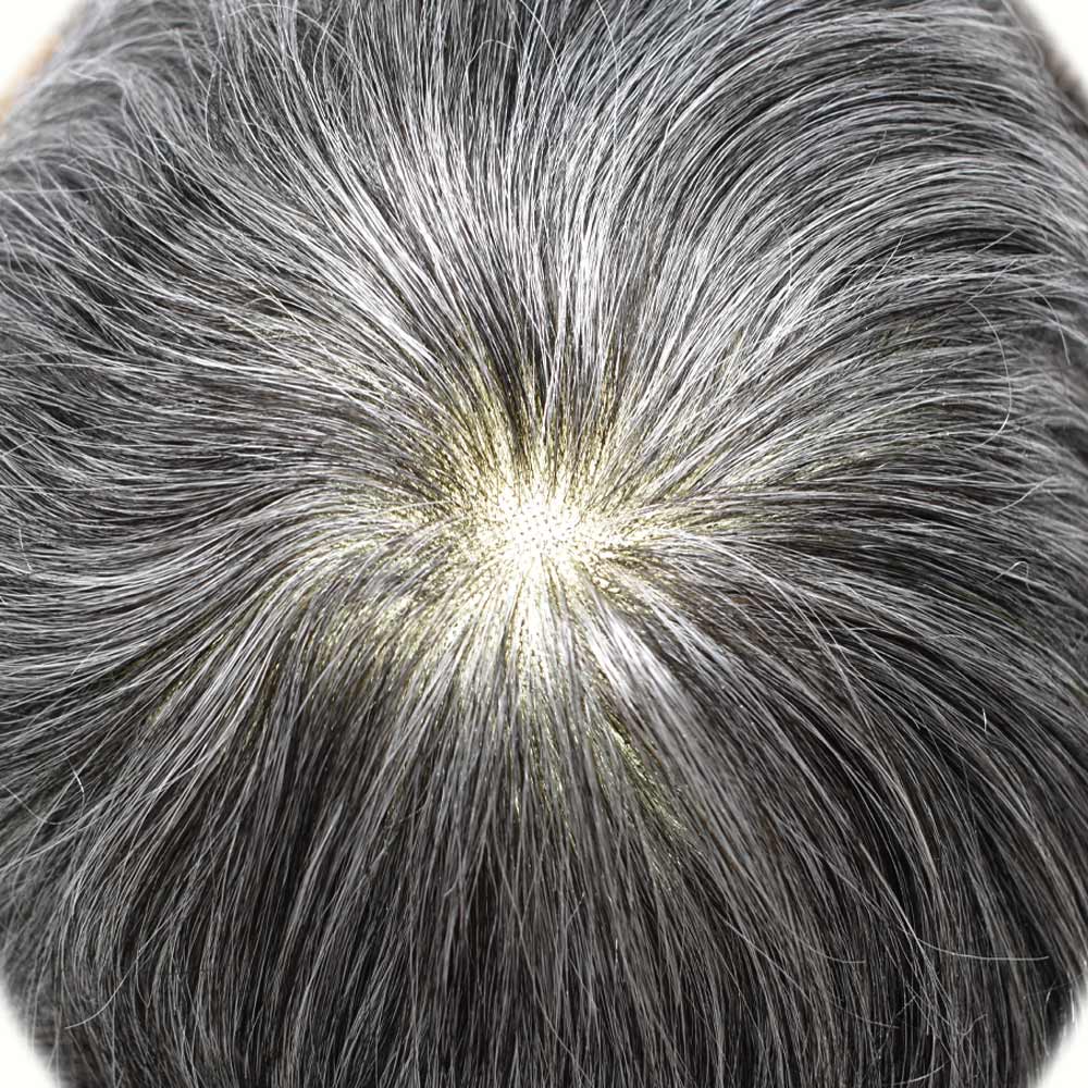 Curve Hair Mens Toupee Human Hair Piece Replacement System Monofilament Wig Hair Unit for Men Durable Poly Coated Mens Hairpiece (#1B50 Off Black+50% Gray, 6"X8")