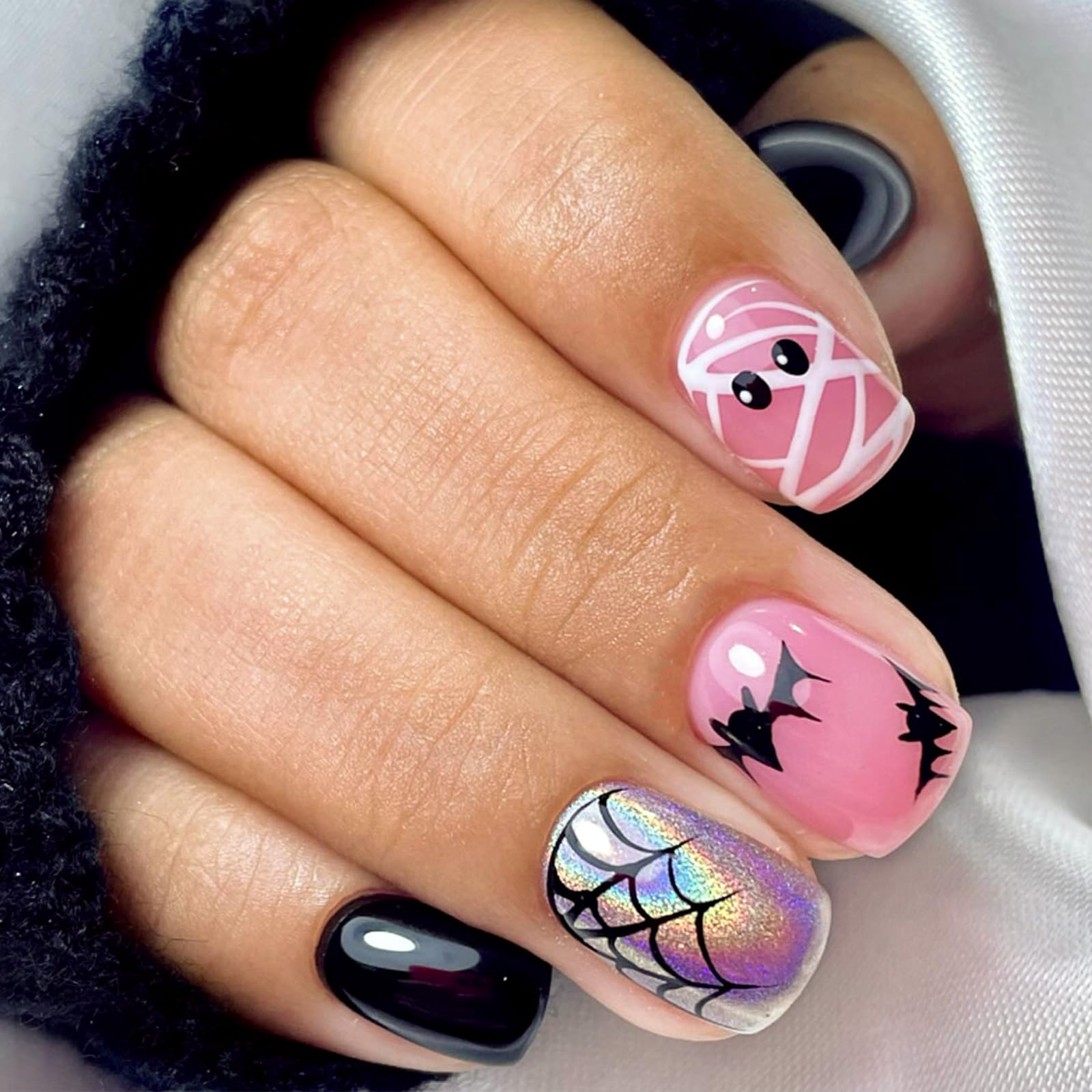 Short Pink Press on Nails Bat Spider Web Cute Halloween Fake Nail for Women