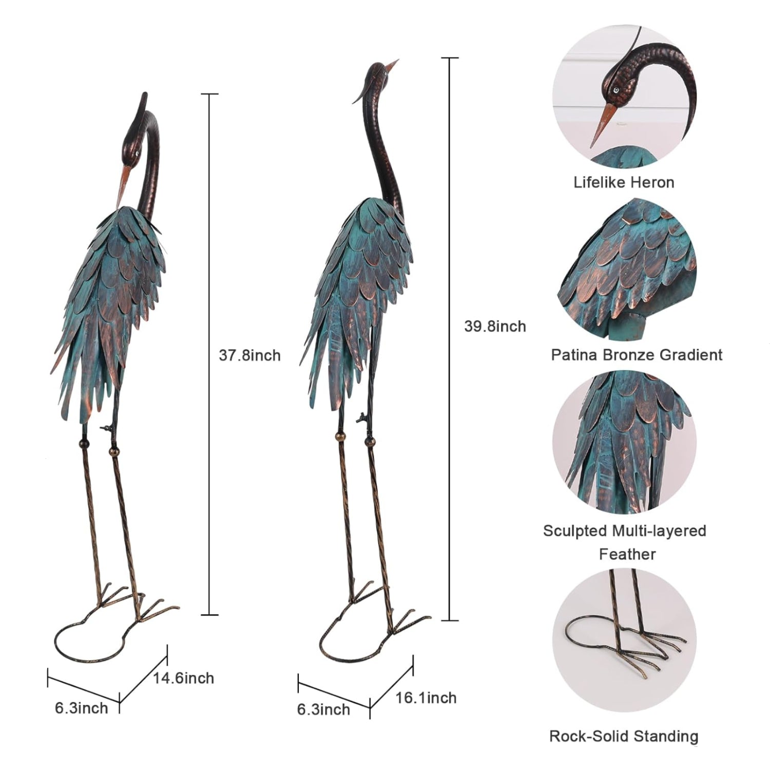 YEAHOME outdoor garden decor with two large metal heron statues, each about 40 and 37 inches tall, standing in a garden setting