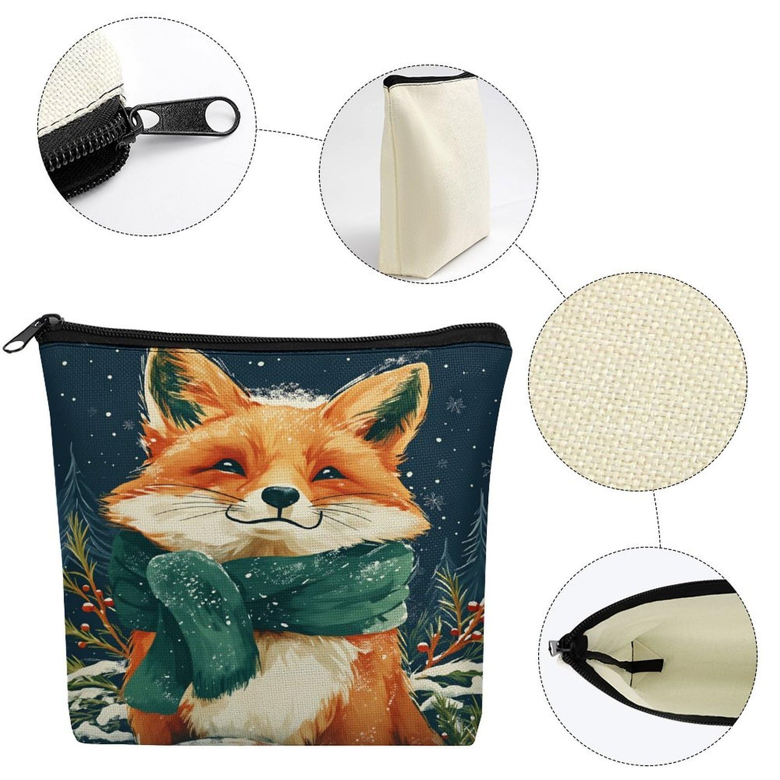 Qfsdijnig Fox Winter Scarf Snowflake Pine Cosmetic Bag Makeup Pouch with Zipper - Travel Linen Makeup Organizer - Portable Vanity Case for Women Girls Teens - Gift Set for Her - Makeup Storage Bag