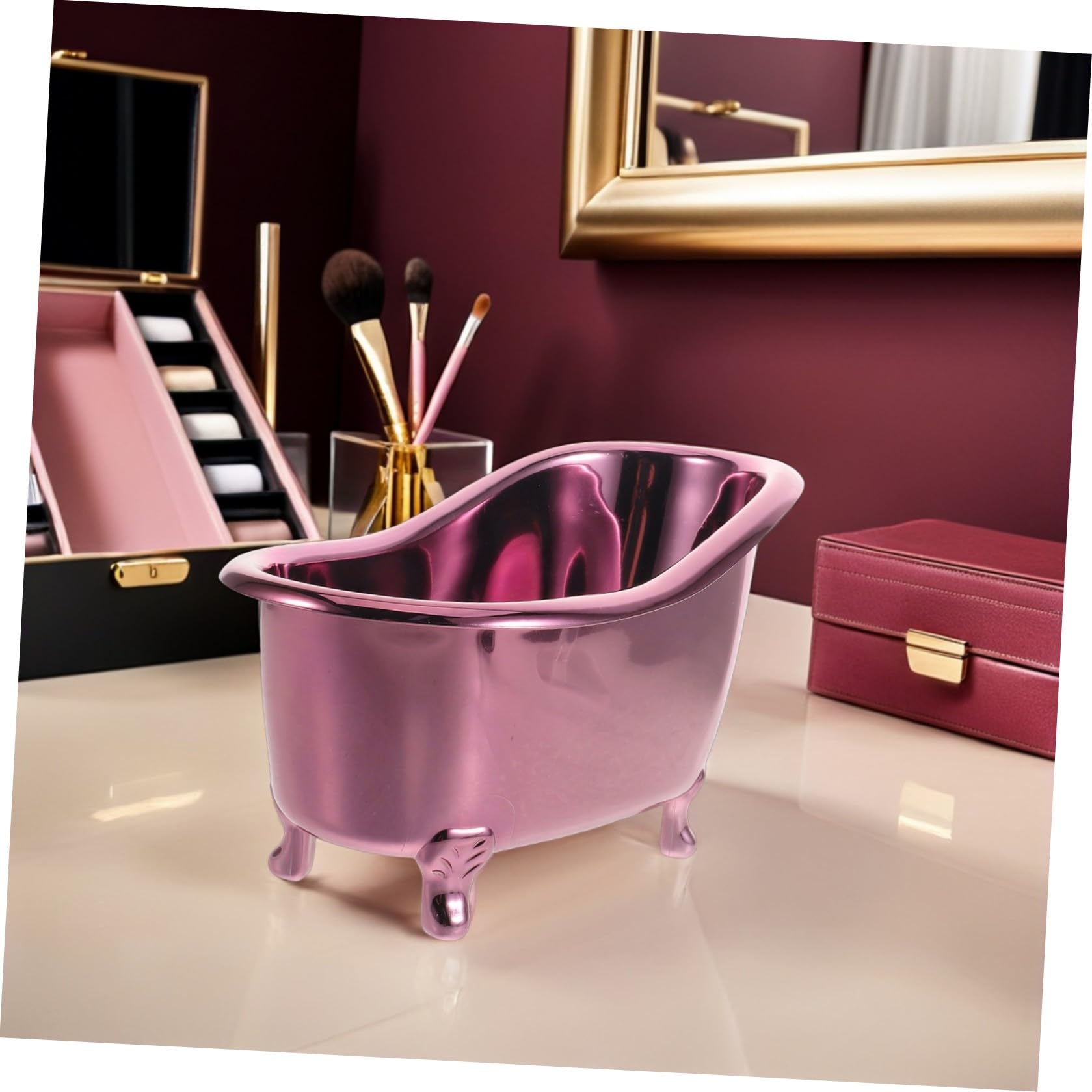 ULTECHNOVO Mini Bathtub Cosmetic Storage Organizer Box, Metal Purple 25x13x15cm, Desktop Makeup Display Stand for Skincare and Nail Polish, Bathroom Counter Sundry Storage Holder