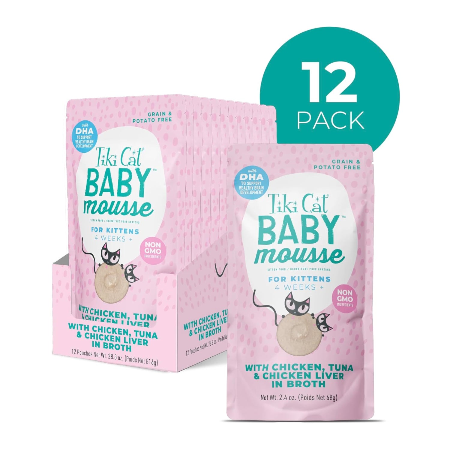 Tiki Cat Baby Mousse wet cat food pouches with chicken, tuna, and chicken liver in 2.4 oz. individual servings.