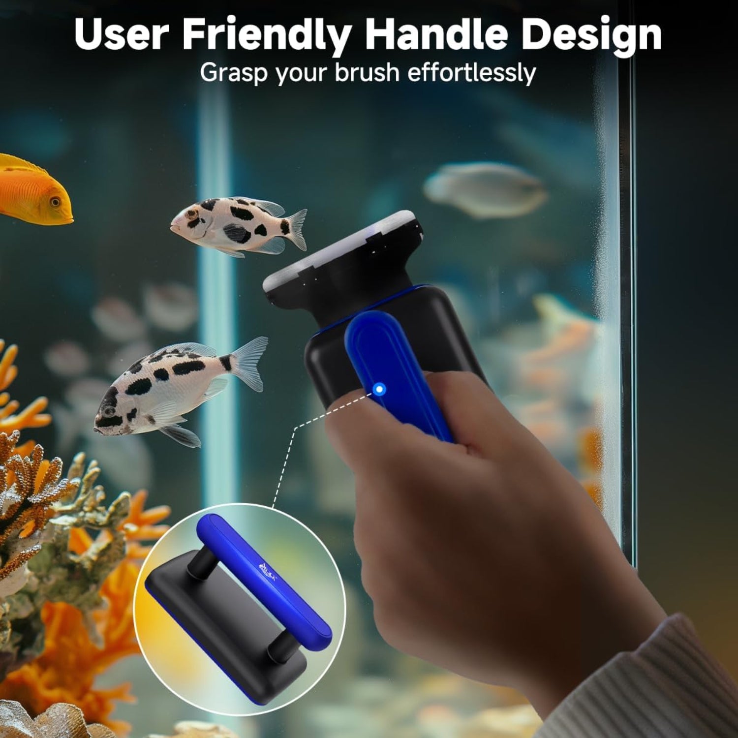 AQQA magnetic aquarium fish tank glass cleaner with dual blades for algae removal on clear glass surface