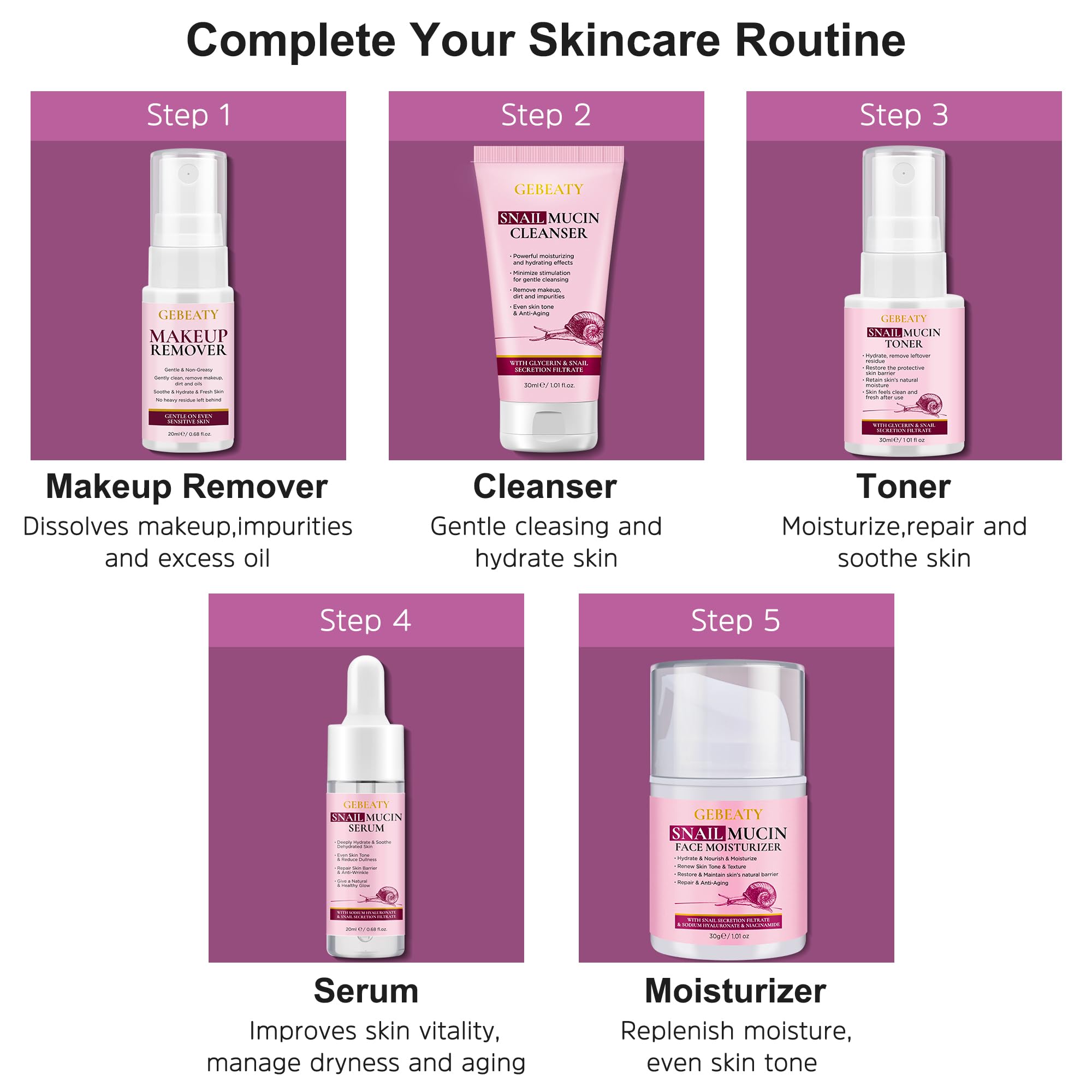Skin Care Set, 5-Piece Hydrating &amp; Soothing Snail Mucin - GEBEATY