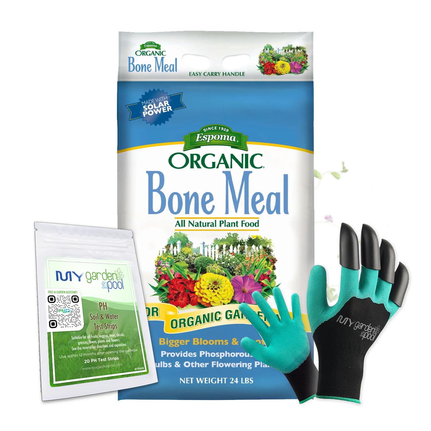 My Garden Pool Bone Meal 24 lb bag with soil test strips, garden claw gloves, and Smart Gardening Assistant tools.