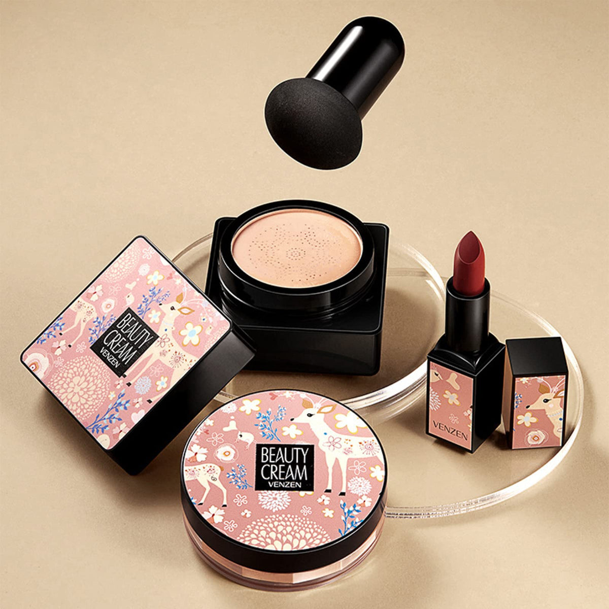 VENZEN Makeup Gift Set Ivory Cream Powder Red Lipstick Kit - VENZEN Official Imagery - 2