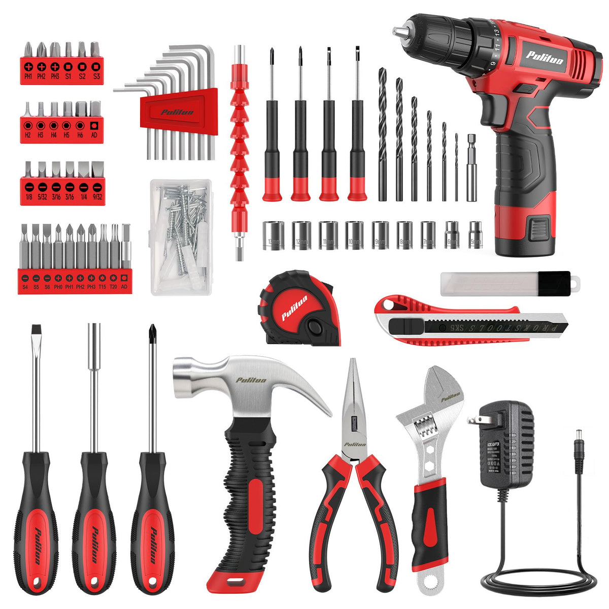 PULITUO 149 Piece Home Drill Set with Red 12V Cordless Drill - PULITUO Official Imagery - 4