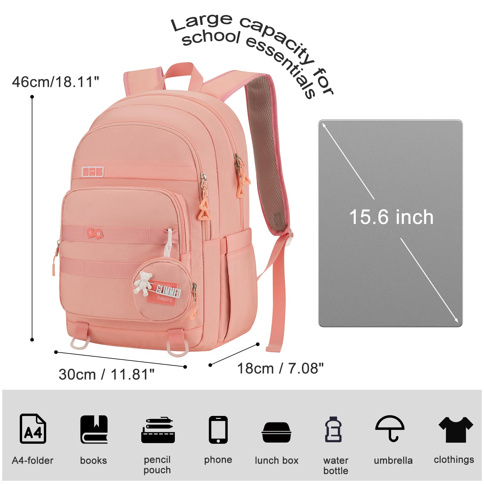 Pink YAMTION backpack for teen girls with laptop compartment, casual school and travel bookbag for middle high school and college.