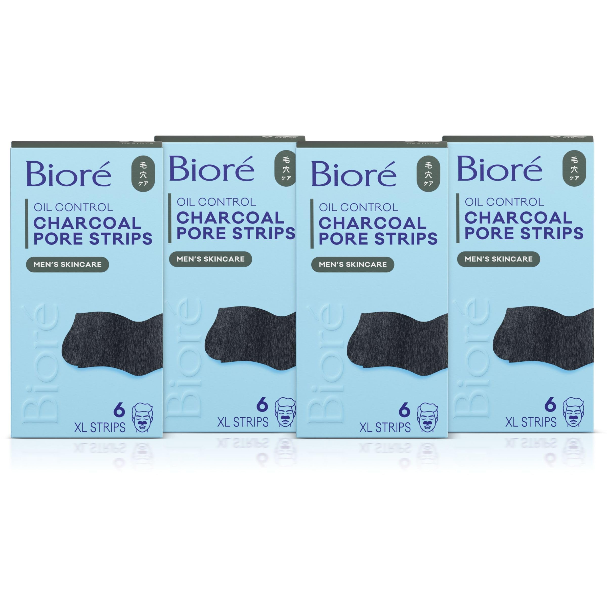 Bioré Men's Blackhead Remover Pore Strips, Charcoal Deep Cleansing Nose Strips for Blackhead Removal on Oily Skin, 6 Count (Pack of 4)