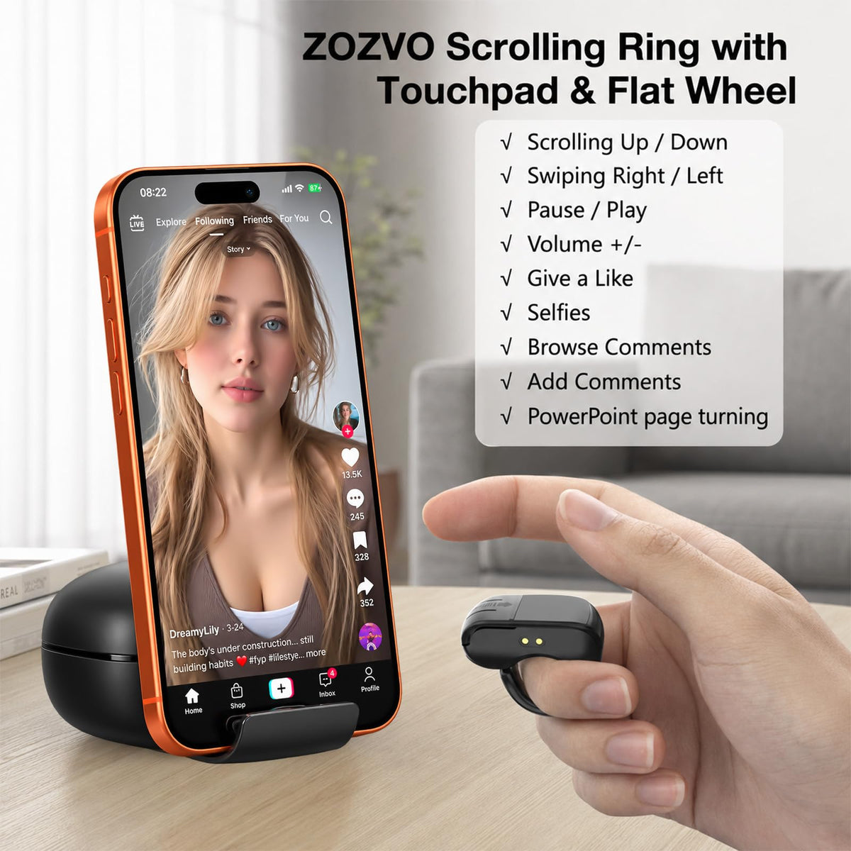TikTok Scrolling Ring with 2 4G Bluetooth Wireless Air Mouse - ZOZVO Official Imagery - 3