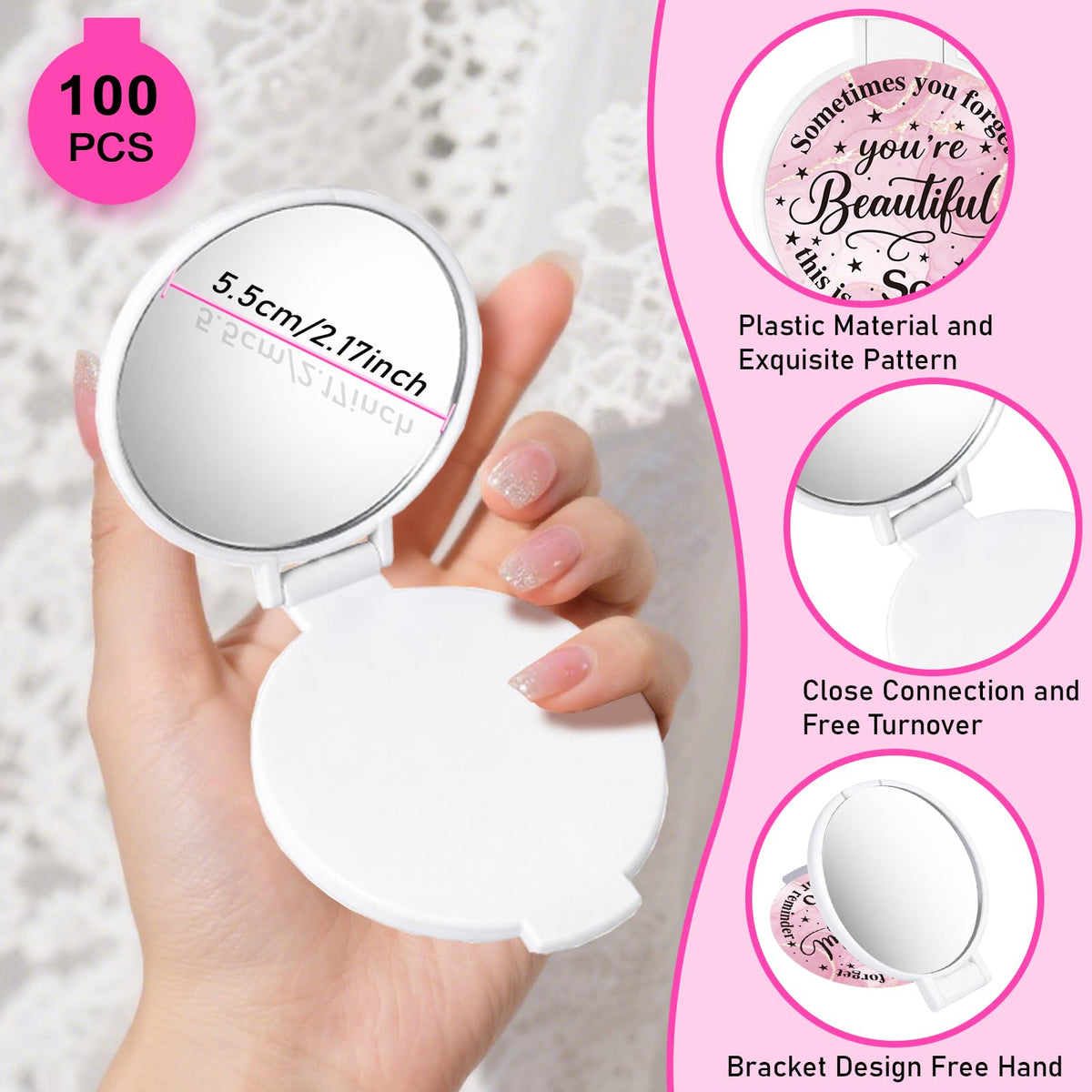 100Pcs Round Folding Hand Compact Mini Pocket Mirrors Bulk - GLASSWINDS Official Imagery - 5