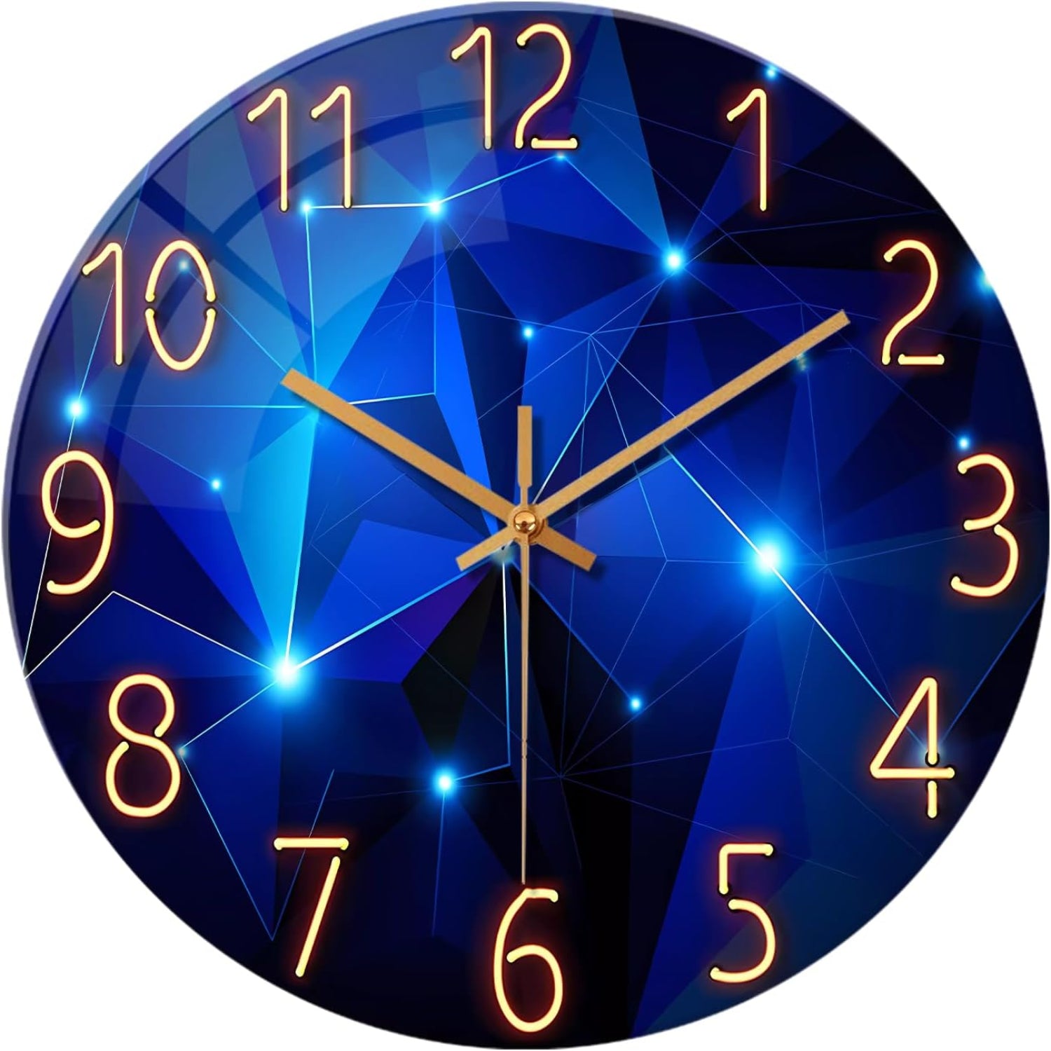 Blue round wall clock by Constantplanet, 12-inch glass decor clock for living room or kitchen, battery operated, non-ticking design.