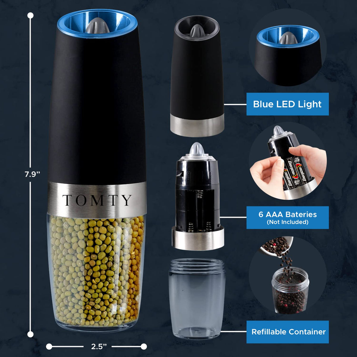 Gravity Electric Salt and Pepper Grinder Set White Elephant - TOMTY Official Imagery - 4