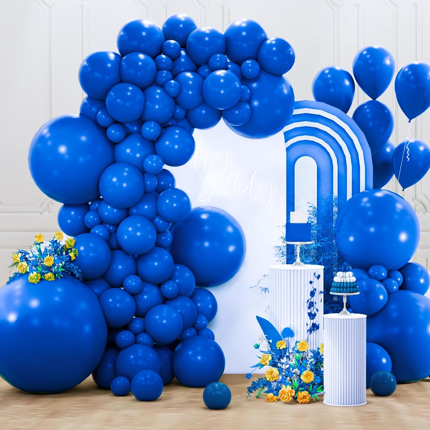 PartyWoo Royal Blue balloons in various sizes including 36, 18, 12, 10, and 5 inches, dark blue latex balloons pack of 127.