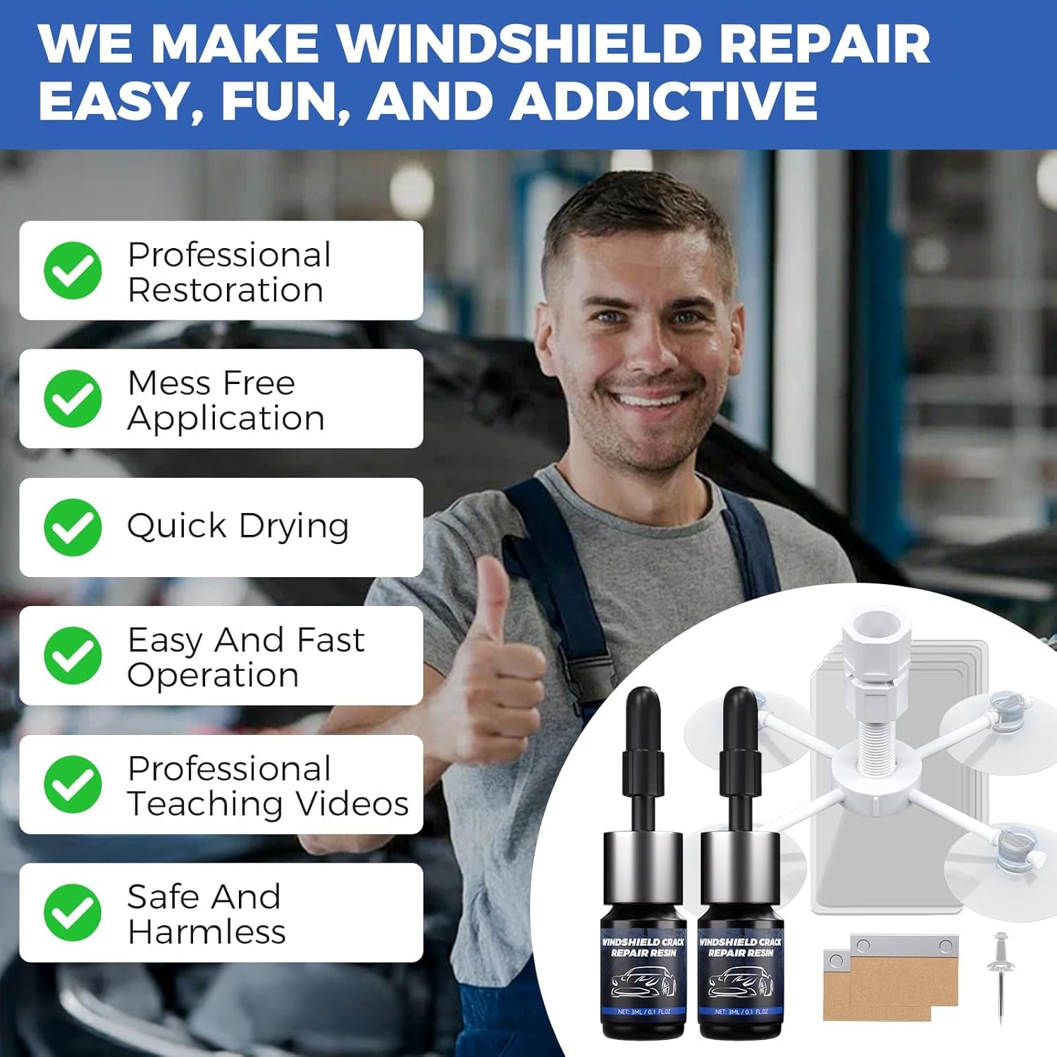 NASILOOP windshield repair kit with glass repair fluid for quick, efficient fixing of car windshield cracks and chips.