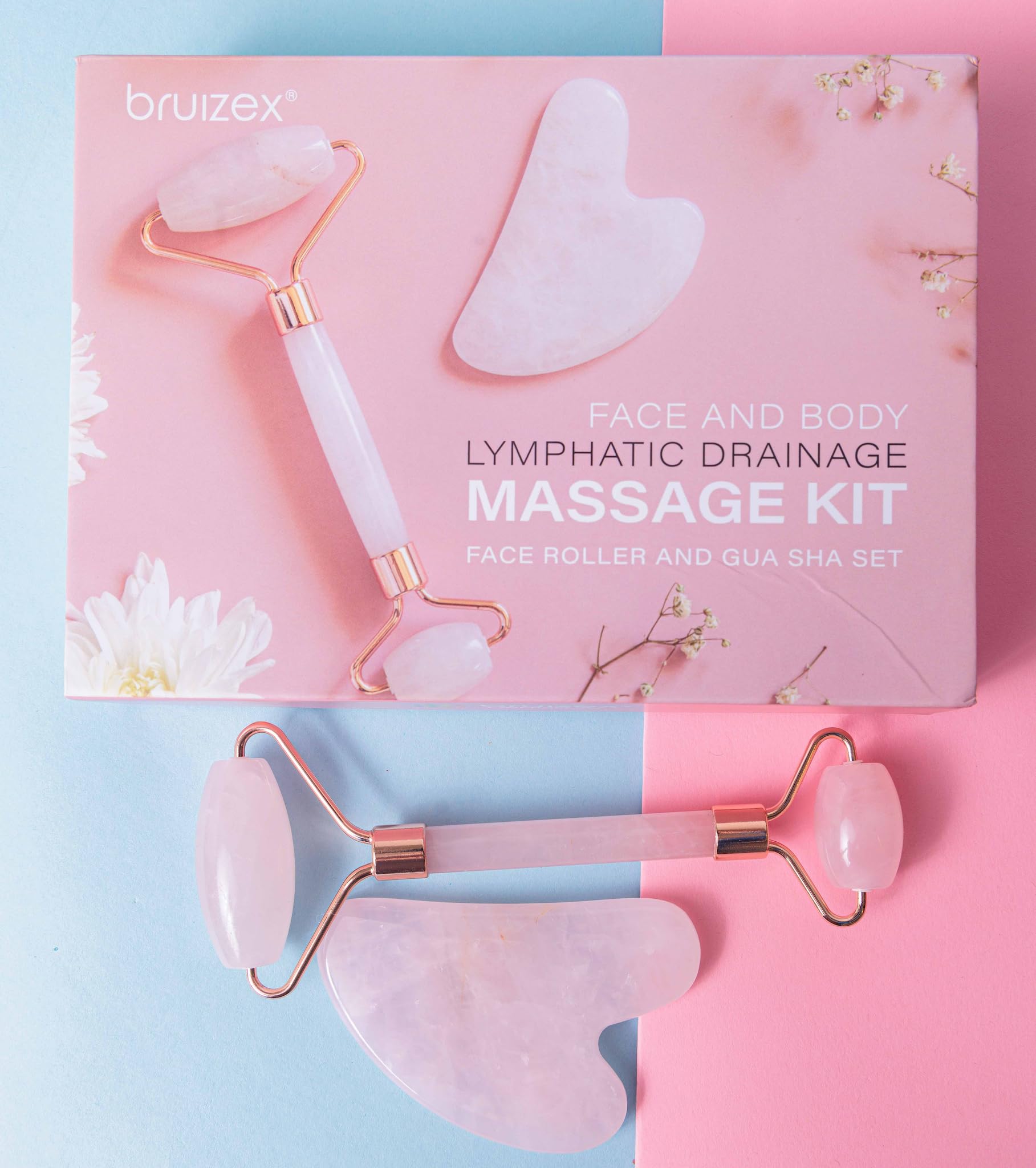 Bruizex Lymphatic Drainage Face Massager Set: Rose Quartz Face Roller & Gua Sha Facial Tool for Lymphatic Massage, Muscle Tension Relief, Skin Care, for Lymphatic Massage Oil, Serum & Face Cream